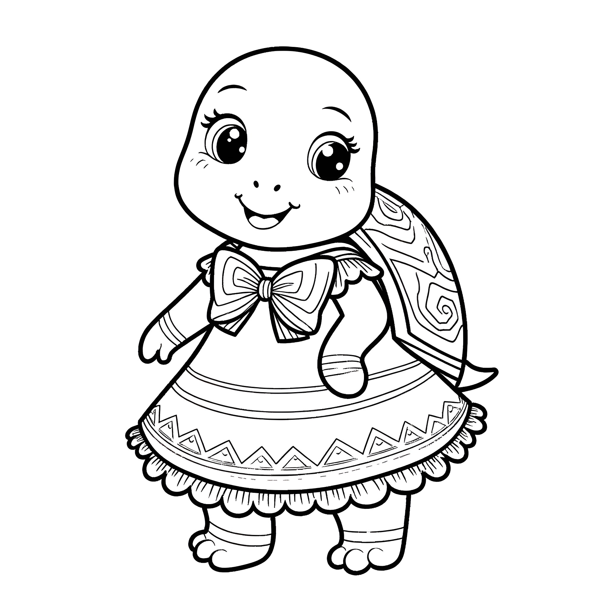 Turtle wearing a cute dress with a bow Coloring Page (free black-and-white line drawing printable PDF for all, from beginners to advanced learners, including children, teens, adults, and seniors)