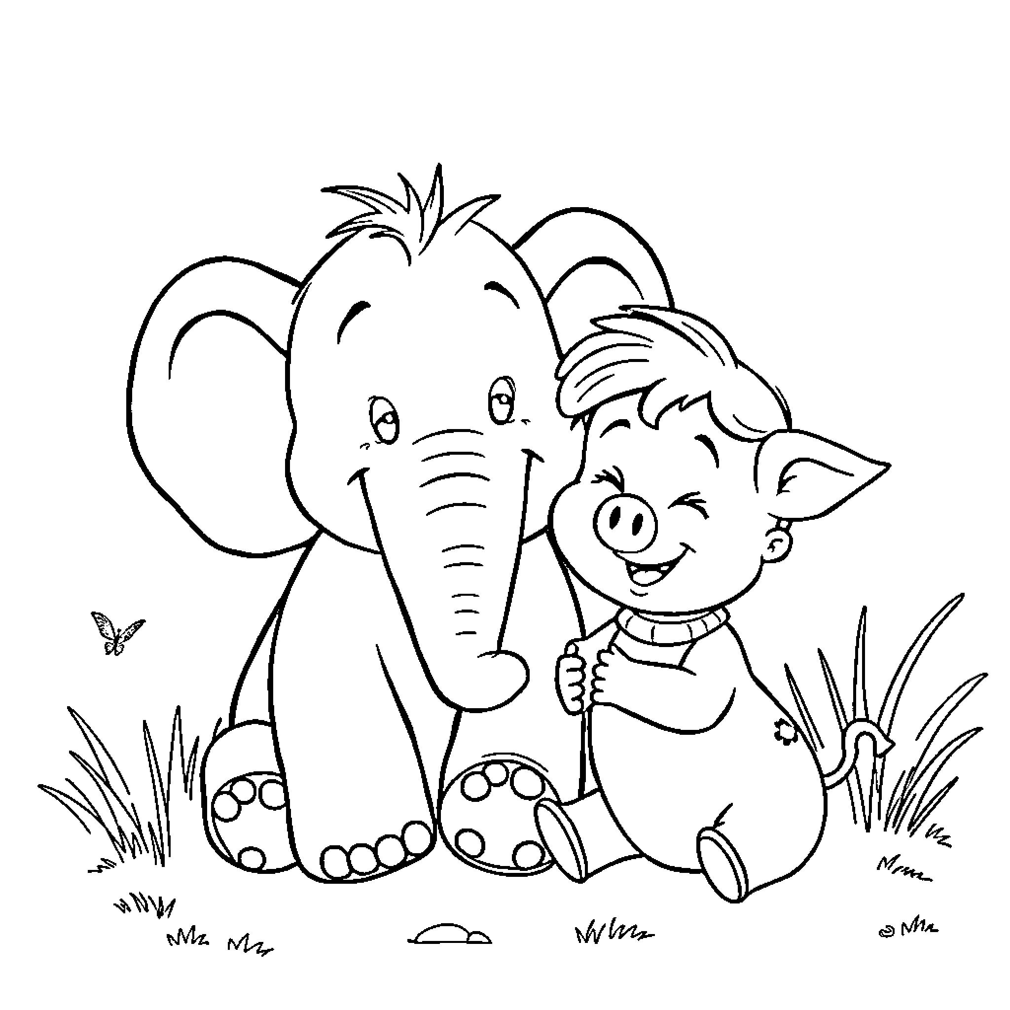 Gerald the elephant and his pig friend in a field Coloring Page (free black-and-white line drawing printable PDF for all, from beginners to advanced learners, including children, teens, adults, and seniors)