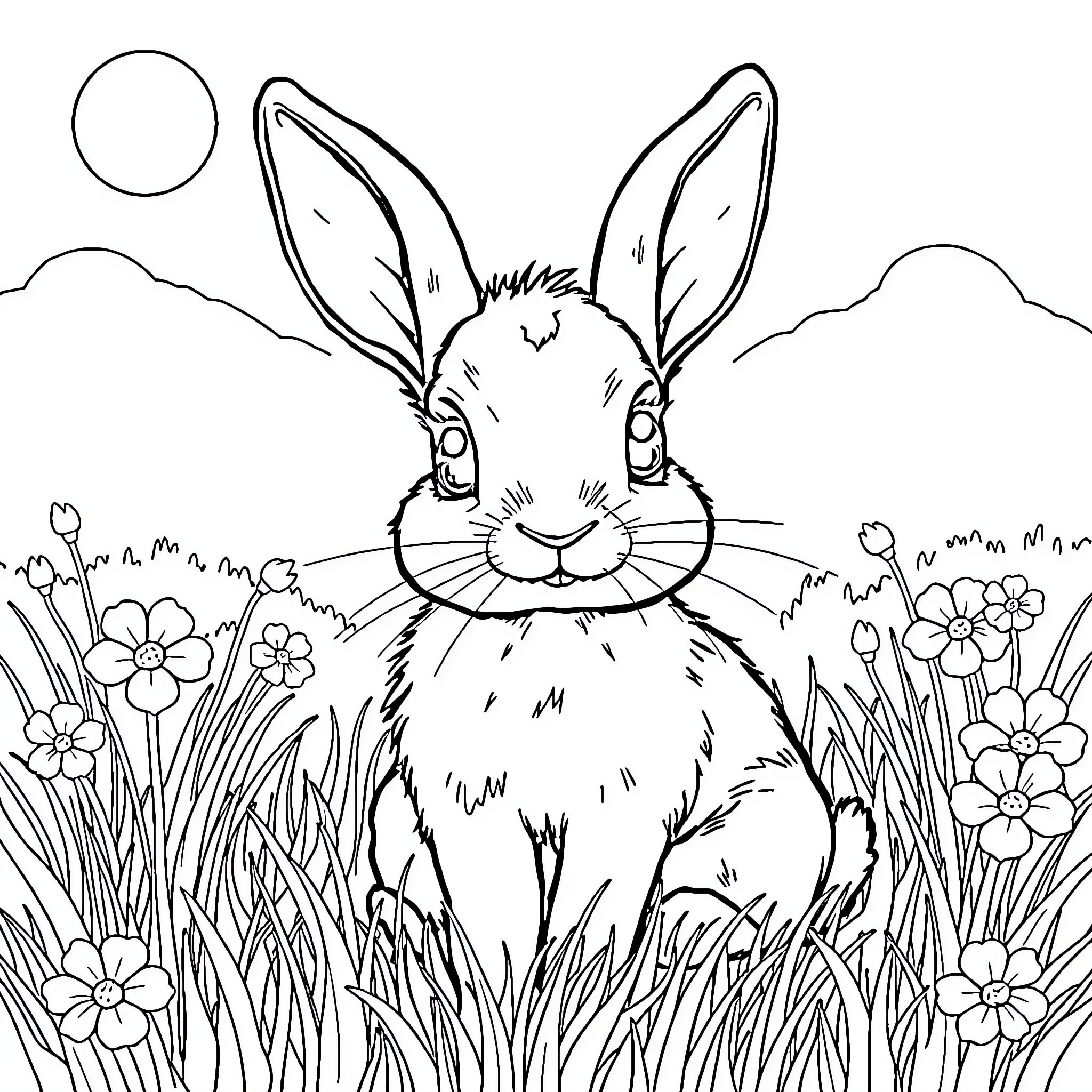 Rabbit sitting in a flower-filled meadow Coloring Page (free black-and-white line drawing printable PDF for all, from beginners to advanced learners, including children, teens, adults, and seniors)