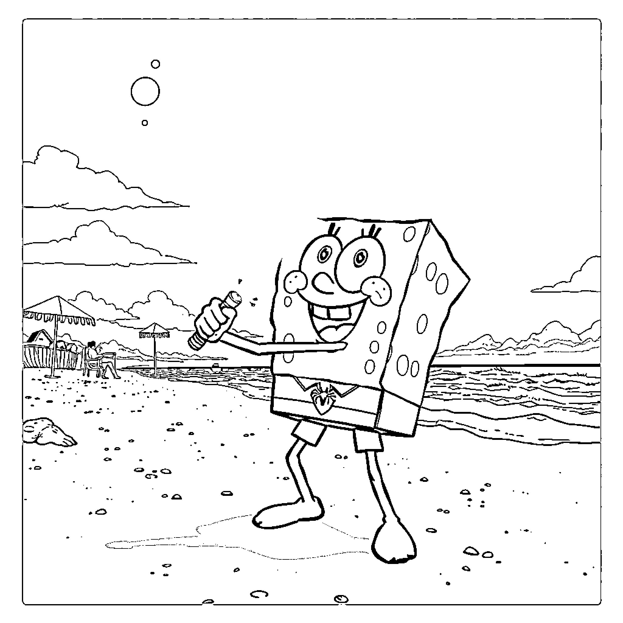 Bob l'éponge enjoying the beach scenery Coloring Page (free black-and-white line drawing printable PDF for all, from beginners to advanced learners, including children, teens, adults, and seniors)