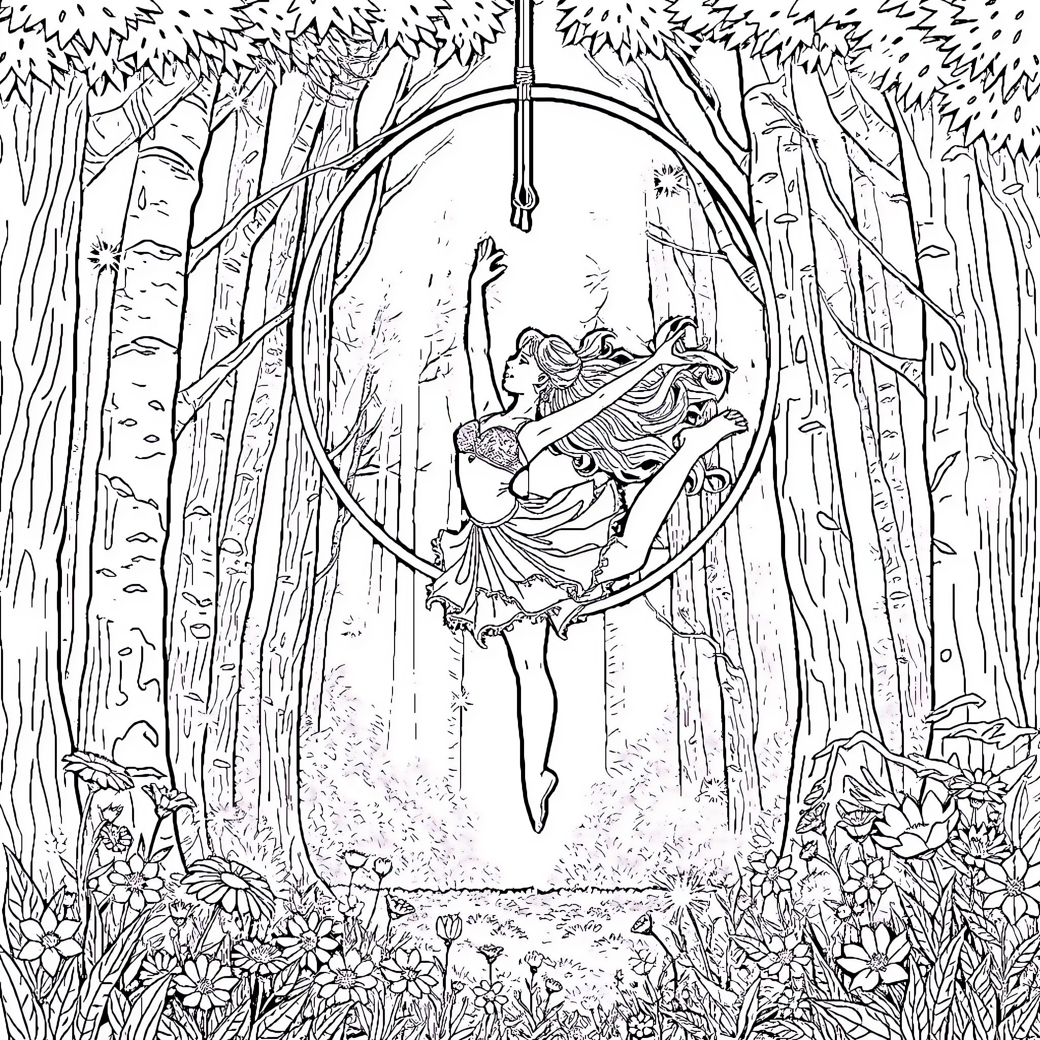 Aerial Hoop Performance in Enchanted Forest Coloring Page (free black-and-white line drawing printable PDF for all, from beginners to advanced learners, including children, teens, adults, and seniors)