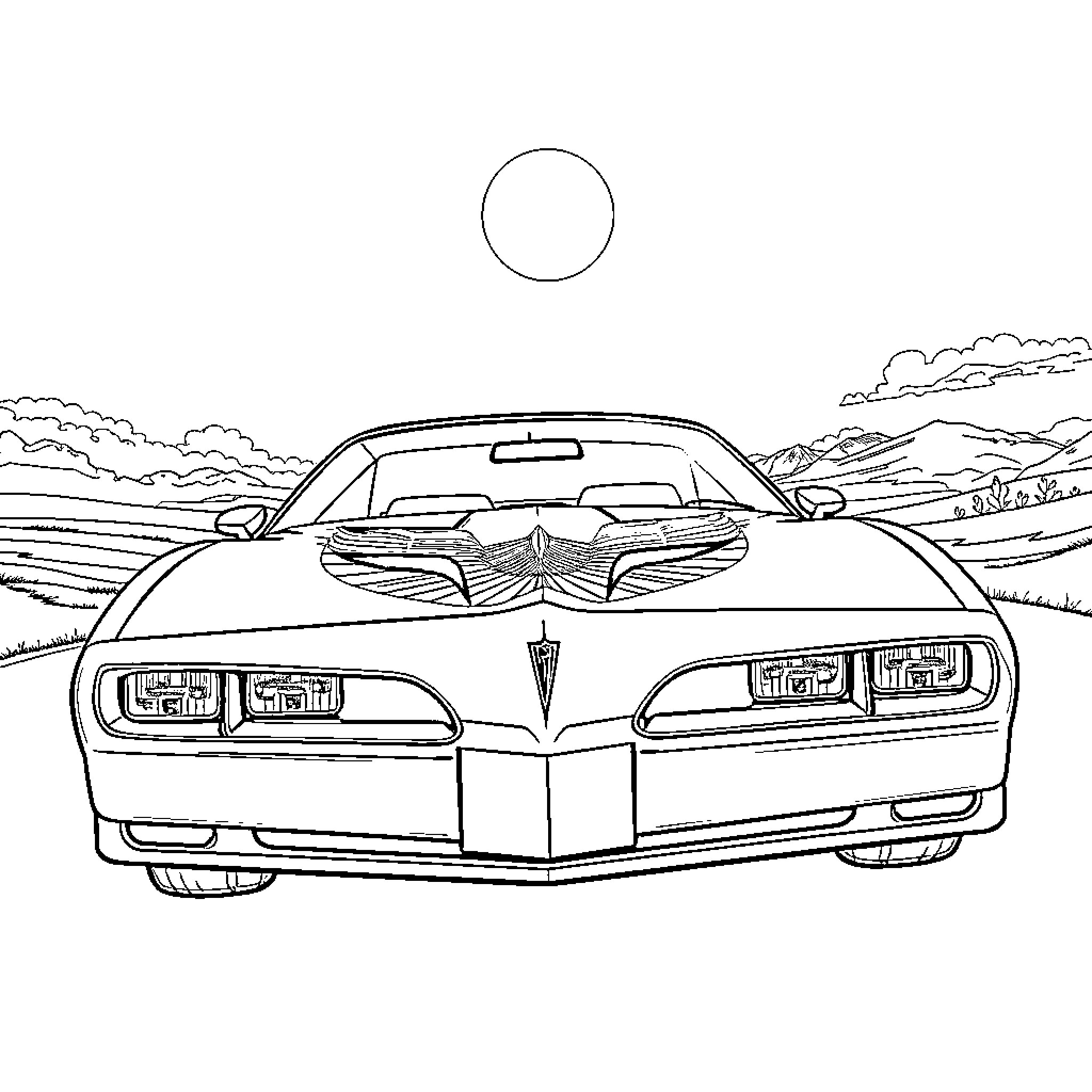 Trans Am speeding through an open landscape Coloring Page (free black-and-white line drawing printable PDF for all, from beginners to advanced learners, including children, teens, adults, and seniors)