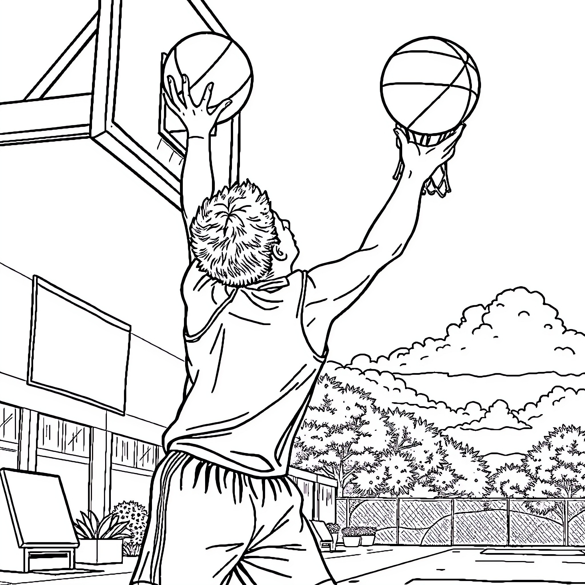 Artist playing basketball on a court Coloring Page (free black-and-white line drawing printable PDF for all, from beginners to advanced learners, including children, teens, adults, and seniors)