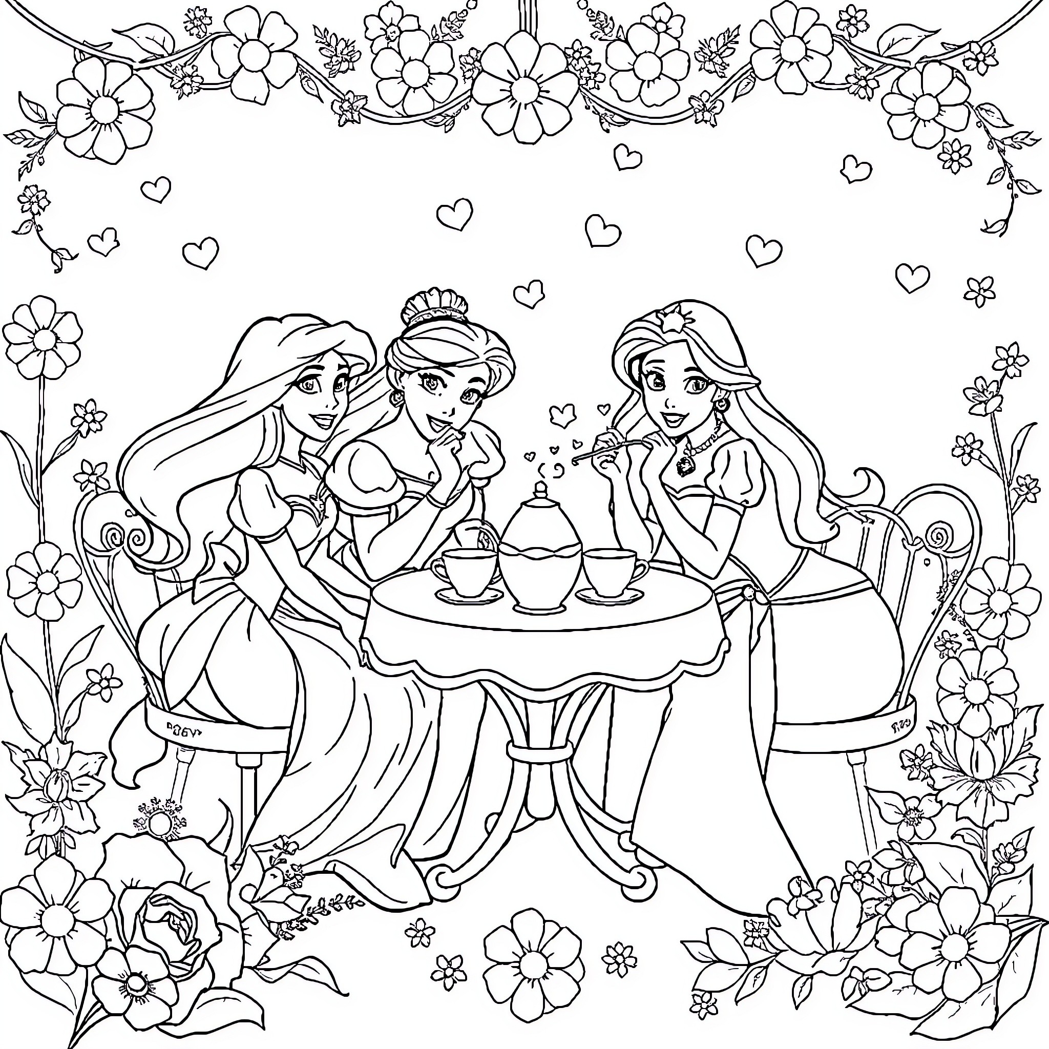 Princess Tea Party Surrounded by Floral Accents Coloring Page (free black-and-white line drawing printable PDF for all, from beginners to advanced learners, including children, teens, adults, and seniors)