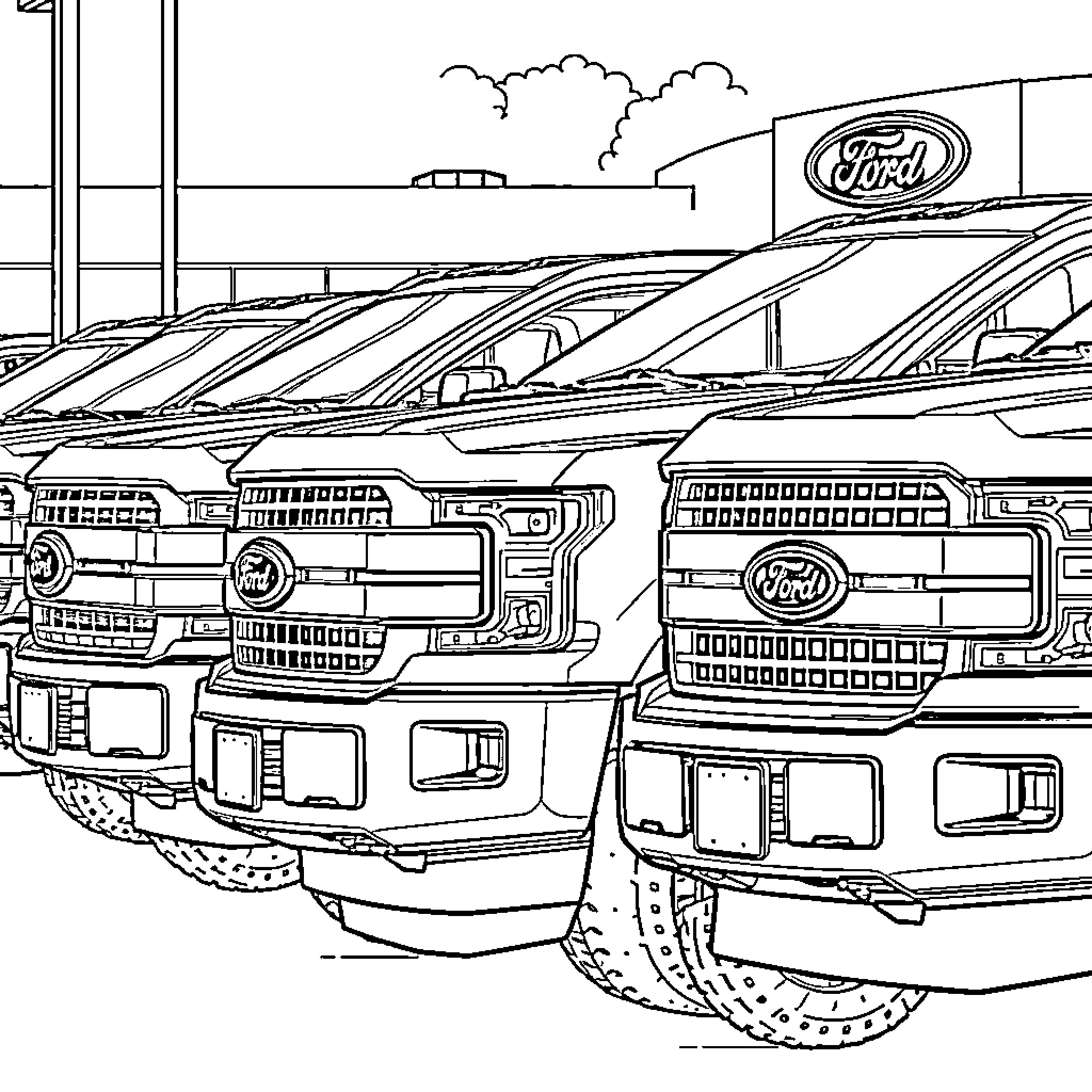 Truck dealership displaying various truck models Coloring Page (free black-and-white line drawing printable PDF for all, from beginners to advanced learners, including children, teens, adults, and seniors)