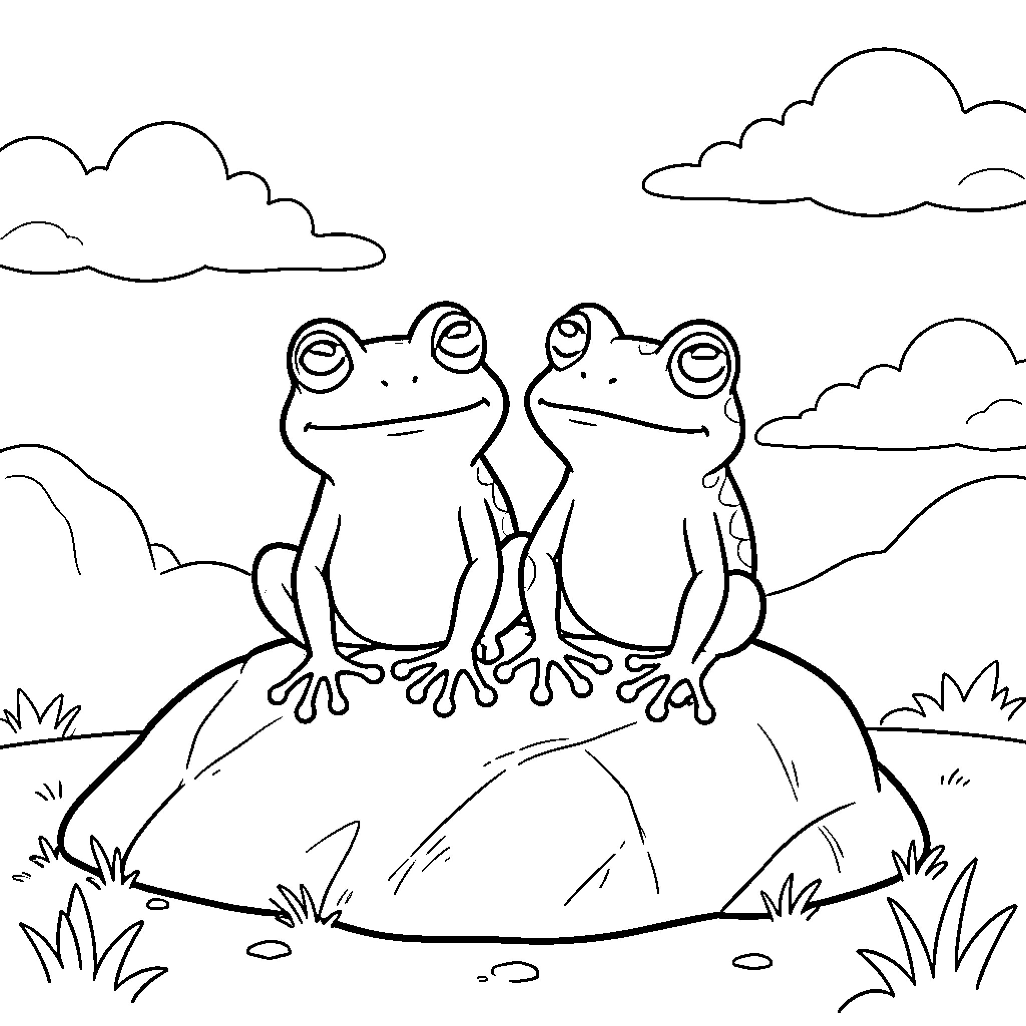 Frog friends enjoying the outdoors Coloring Page (free black-and-white line drawing printable PDF for all, from beginners to advanced learners, including children, teens, adults, and seniors)