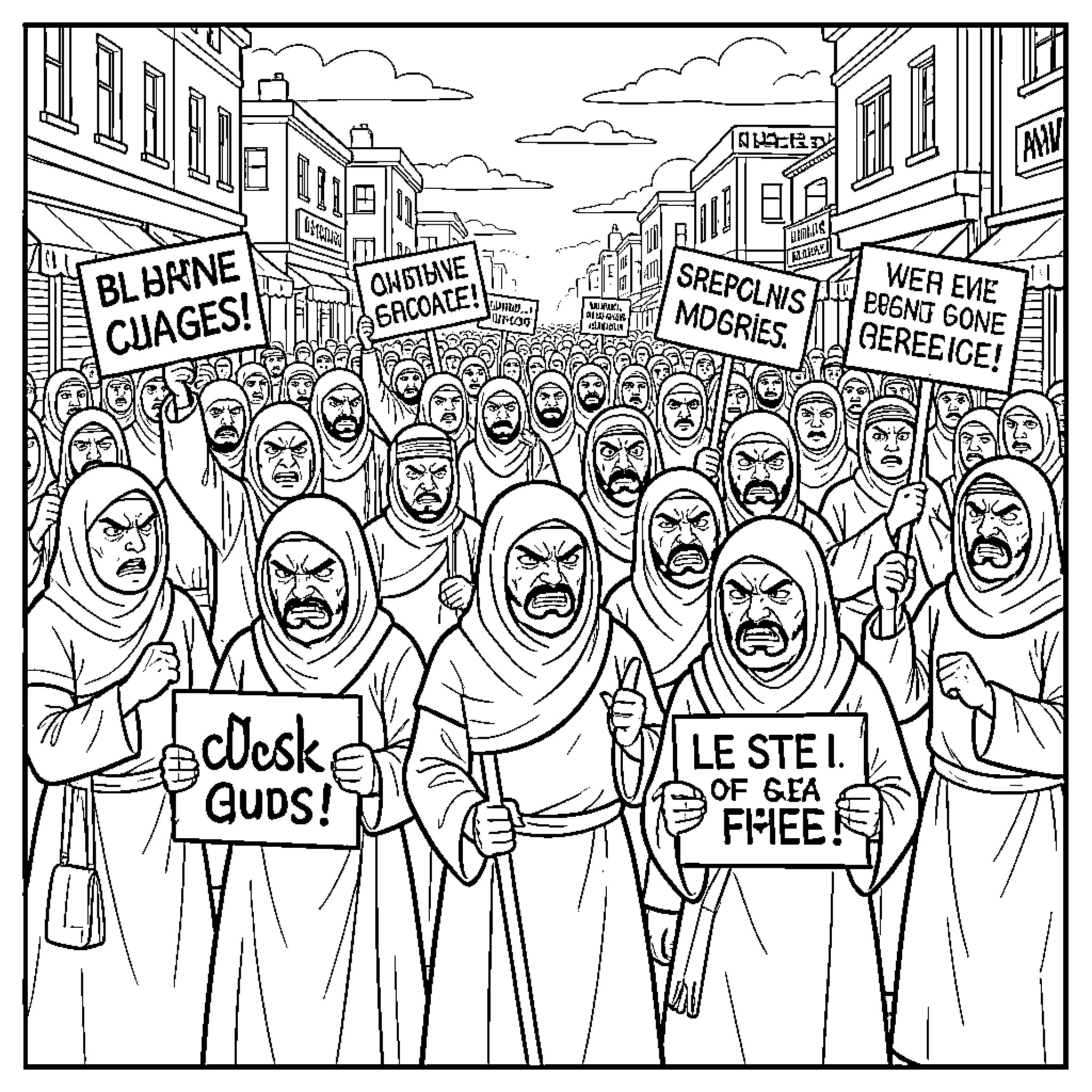 Muslim protesters advocating for change in the streets Coloring Page (free black-and-white line drawing printable PDF for all, from beginners to advanced learners, including children, teens, adults, and seniors)