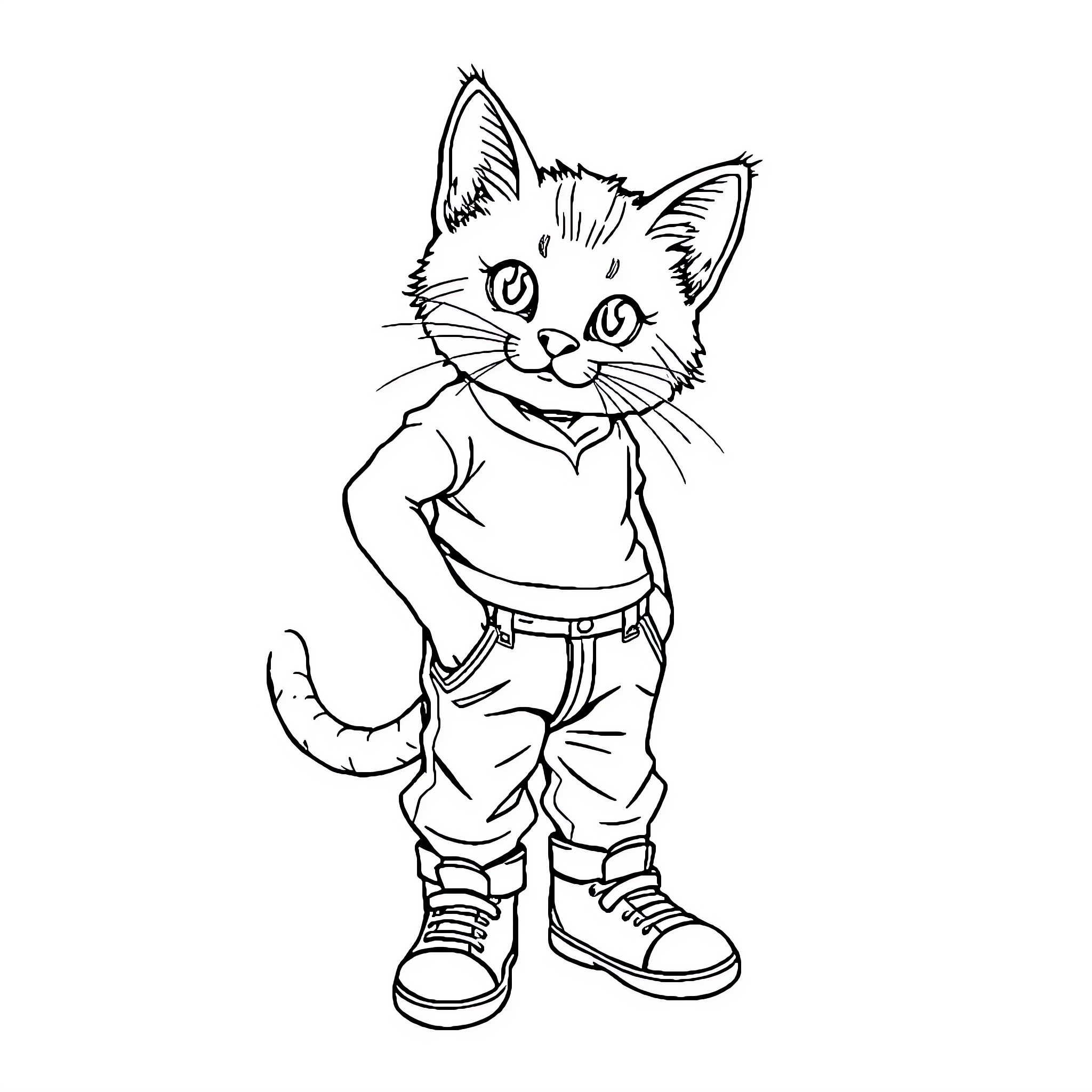 Kitten wearing casual outfit and standing Coloring Page (free black-and-white line drawing printable PDF for all, from beginners to advanced learners, including children, teens, adults, and seniors)