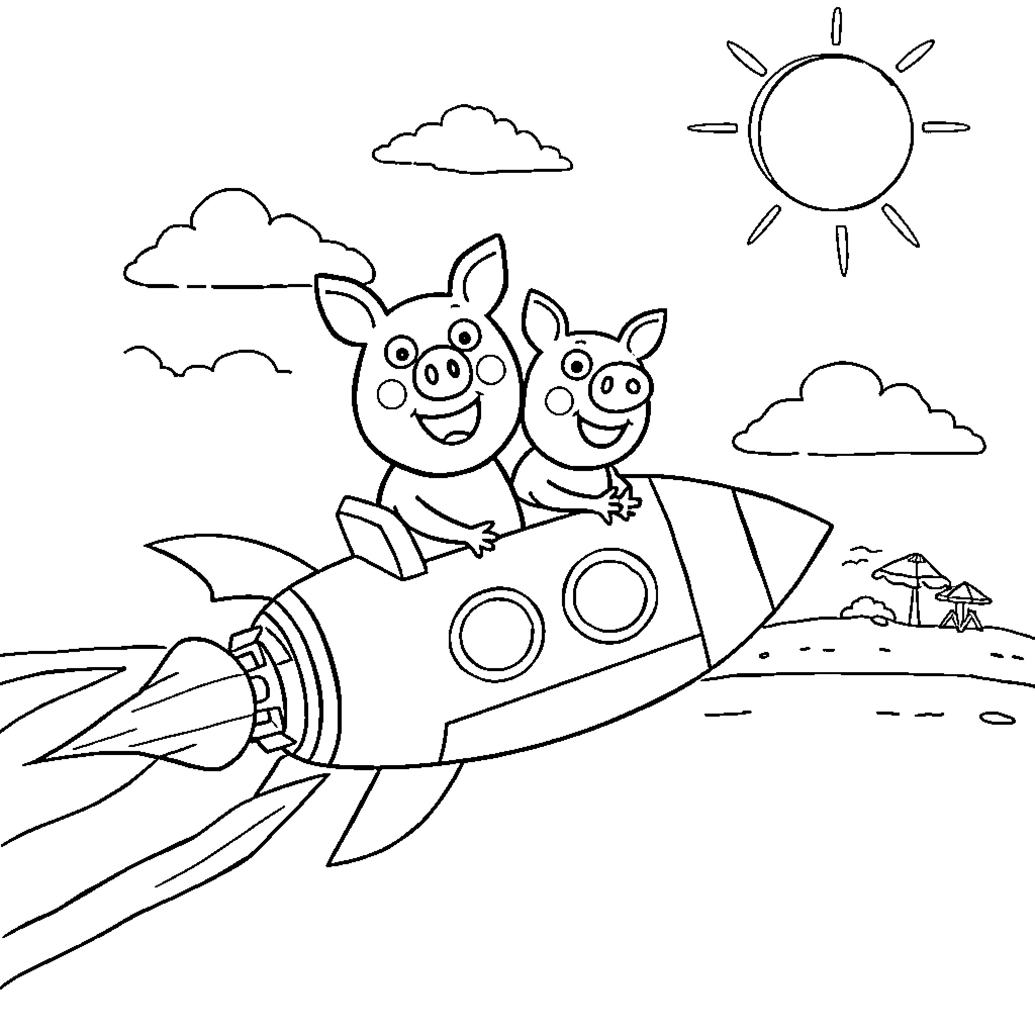 Pig friends ride a rocket into the sky Coloring Page (free black-and-white line drawing printable PDF for all, from beginners to advanced learners, including children, teens, adults, and seniors)