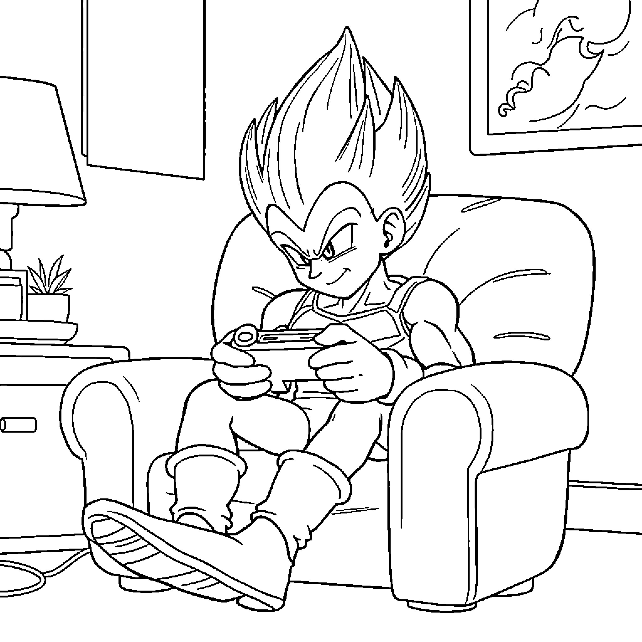 Vegeta Relaxing and Gaming in the Living Room Coloring Page (free black-and-white line drawing printable PDF for all, from beginners to advanced learners, including children, teens, adults, and seniors)
