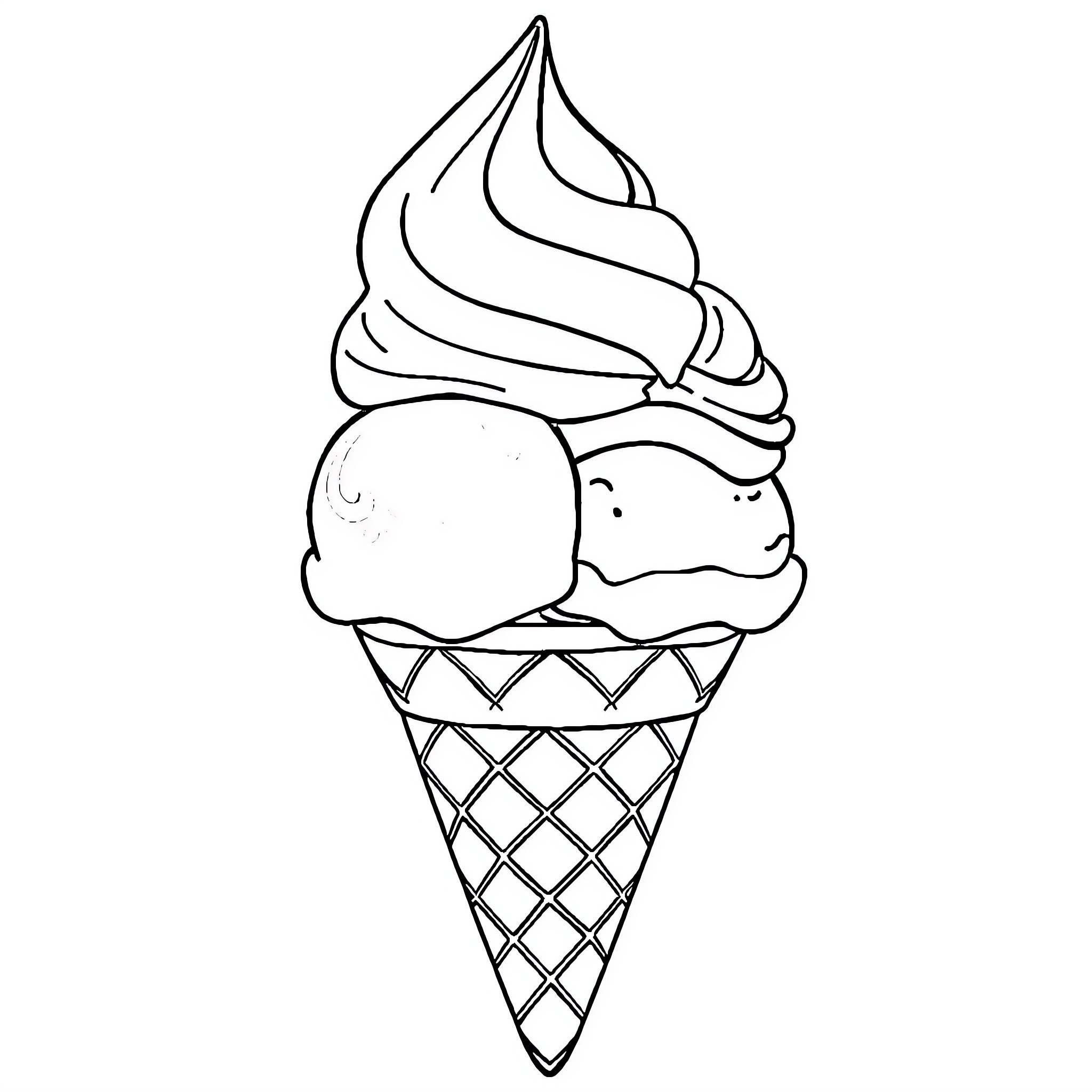 Ice Cream Cone with Swirly Treat Coloring Page (free black-and-white line drawing printable PDF for all, from beginners to advanced learners, including children, teens, adults, and seniors)