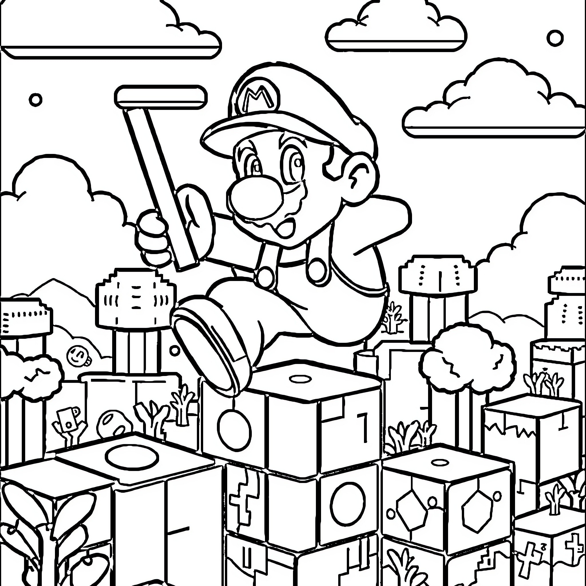 Mario exploring an imaginative cityscape Coloring Page (free black-and-white line drawing printable PDF for all, from beginners to advanced learners, including children, teens, adults, and seniors)