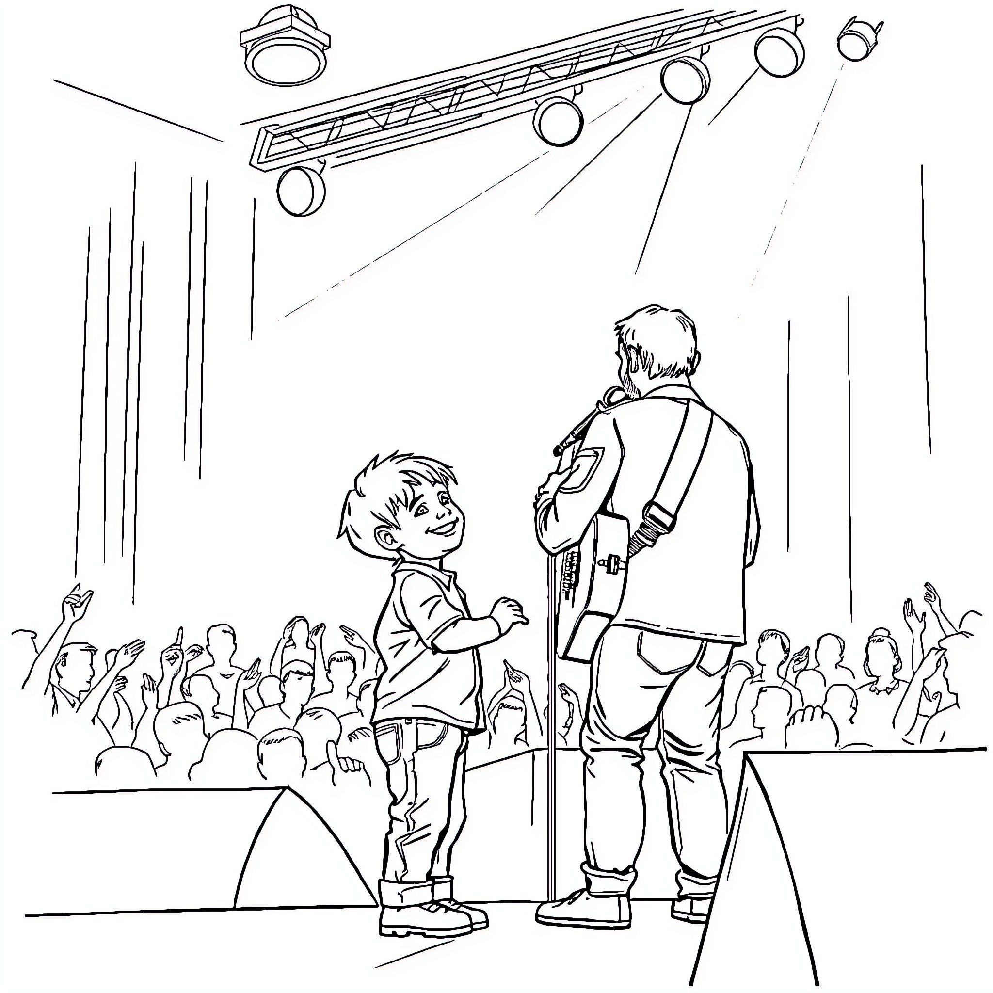Boy interacting with performer on stage Coloring Page (free black-and-white line drawing printable PDF for all, from beginners to advanced learners, including children, teens, adults, and seniors)