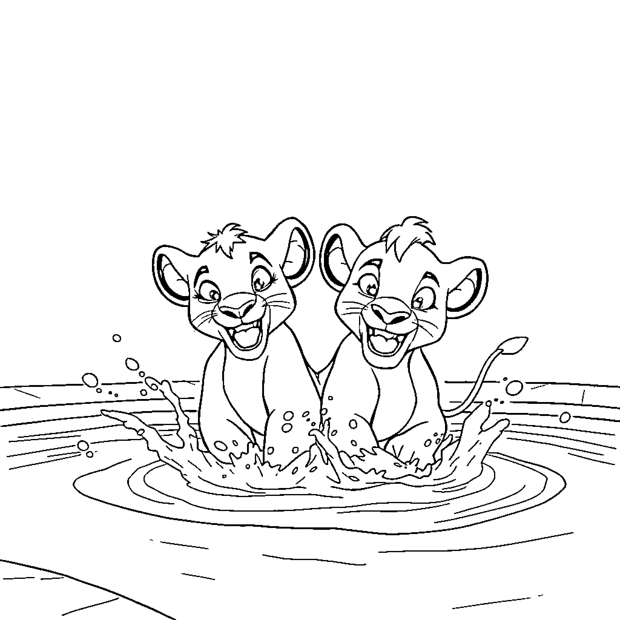 Lion cubs splashing in the water Coloring Page (free black-and-white line drawing printable PDF for all, from beginners to advanced learners, including children, teens, adults, and seniors)
