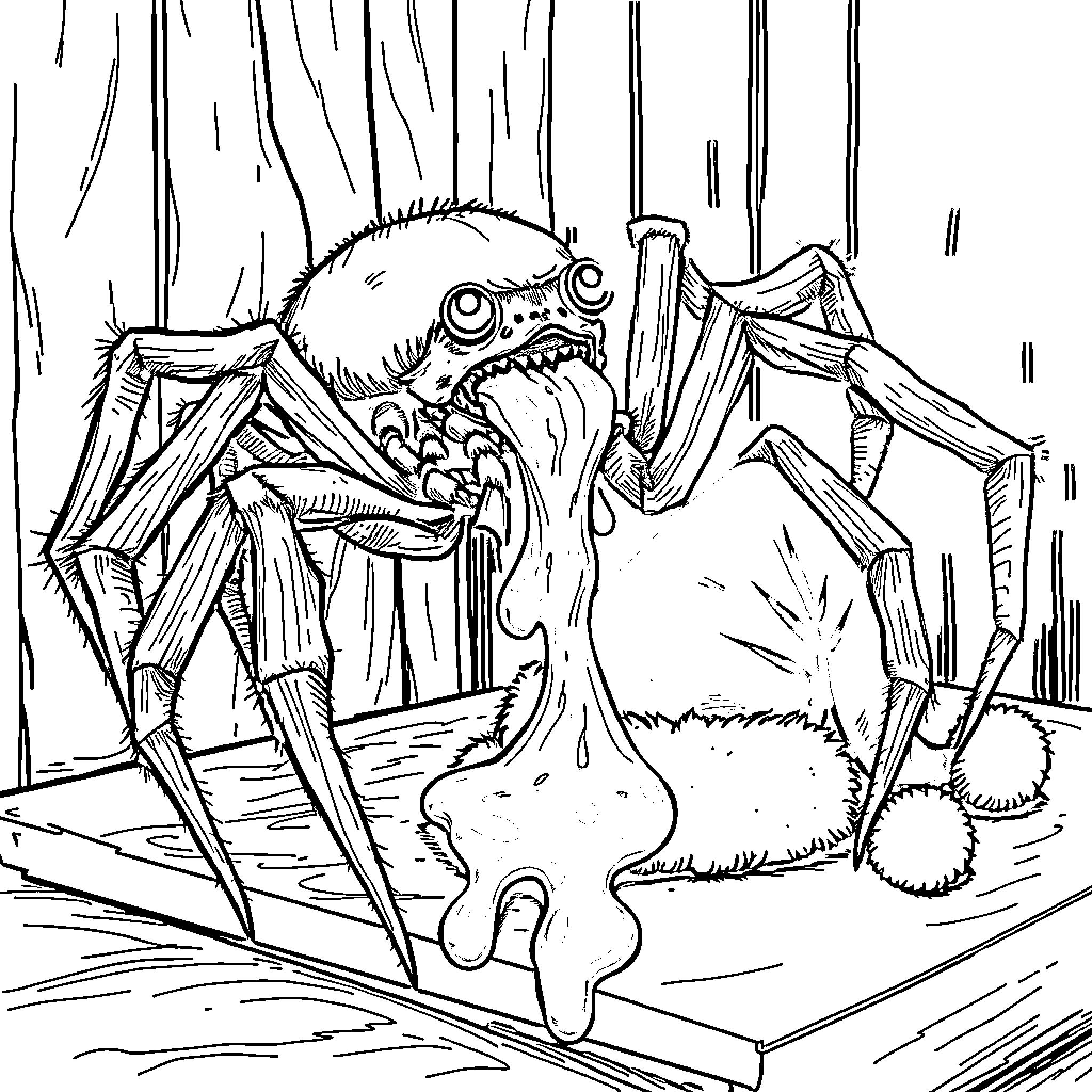Spider creeping through the forest Coloring Page (free black-and-white line drawing printable PDF for all, from beginners to advanced learners, including children, teens, adults, and seniors)