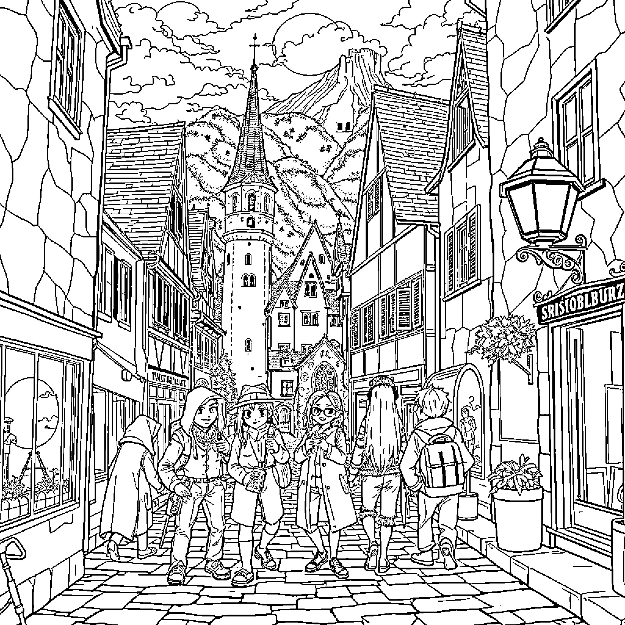 Hunter group exploring the charming European cityscape Coloring Page (free black-and-white line drawing printable PDF for all, from beginners to advanced learners, including children, teens, adults, and seniors)