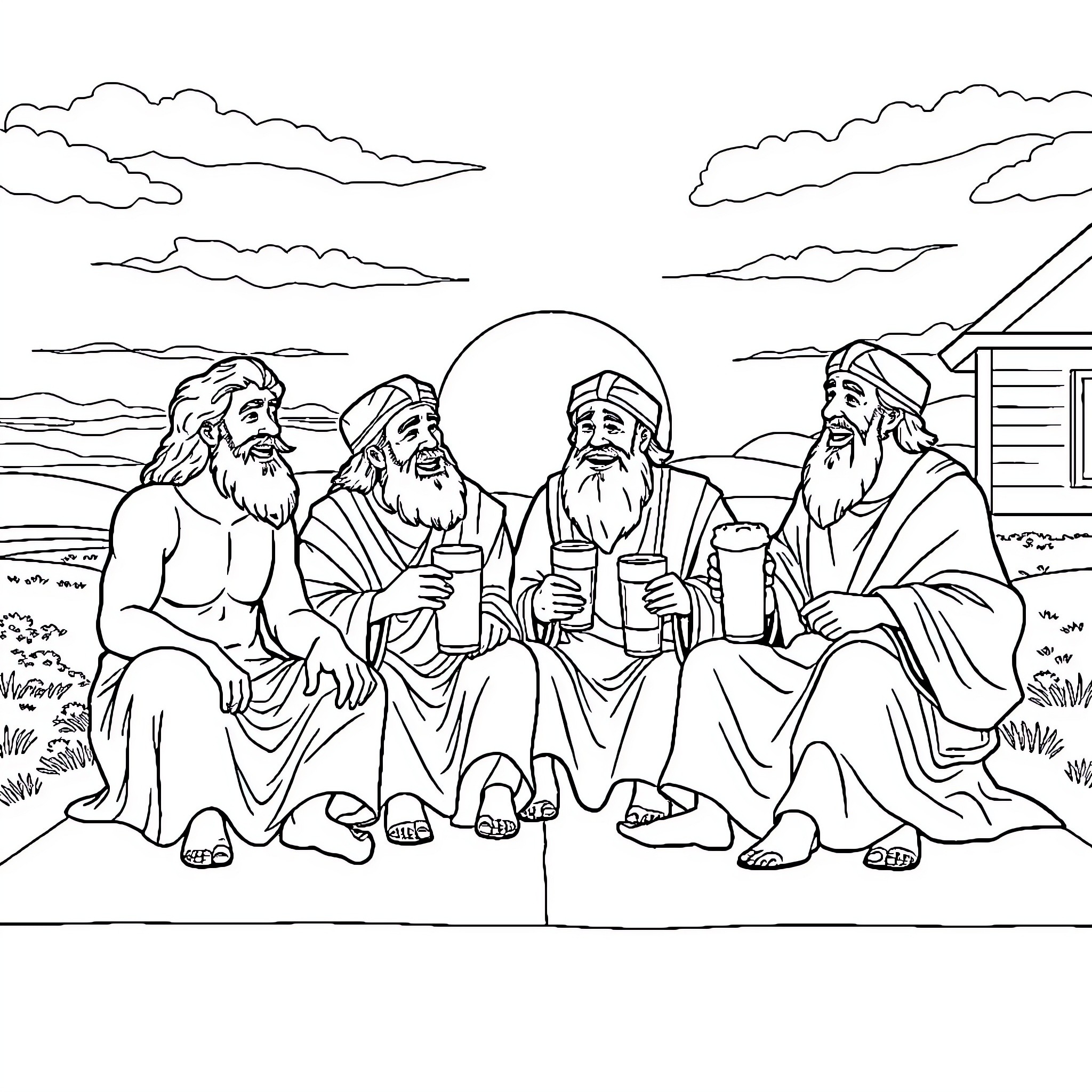 Man sitting with other men in an outdoor scene Coloring Page (free black-and-white line drawing printable PDF for all, from beginners to advanced learners, including children, teens, adults, and seniors)