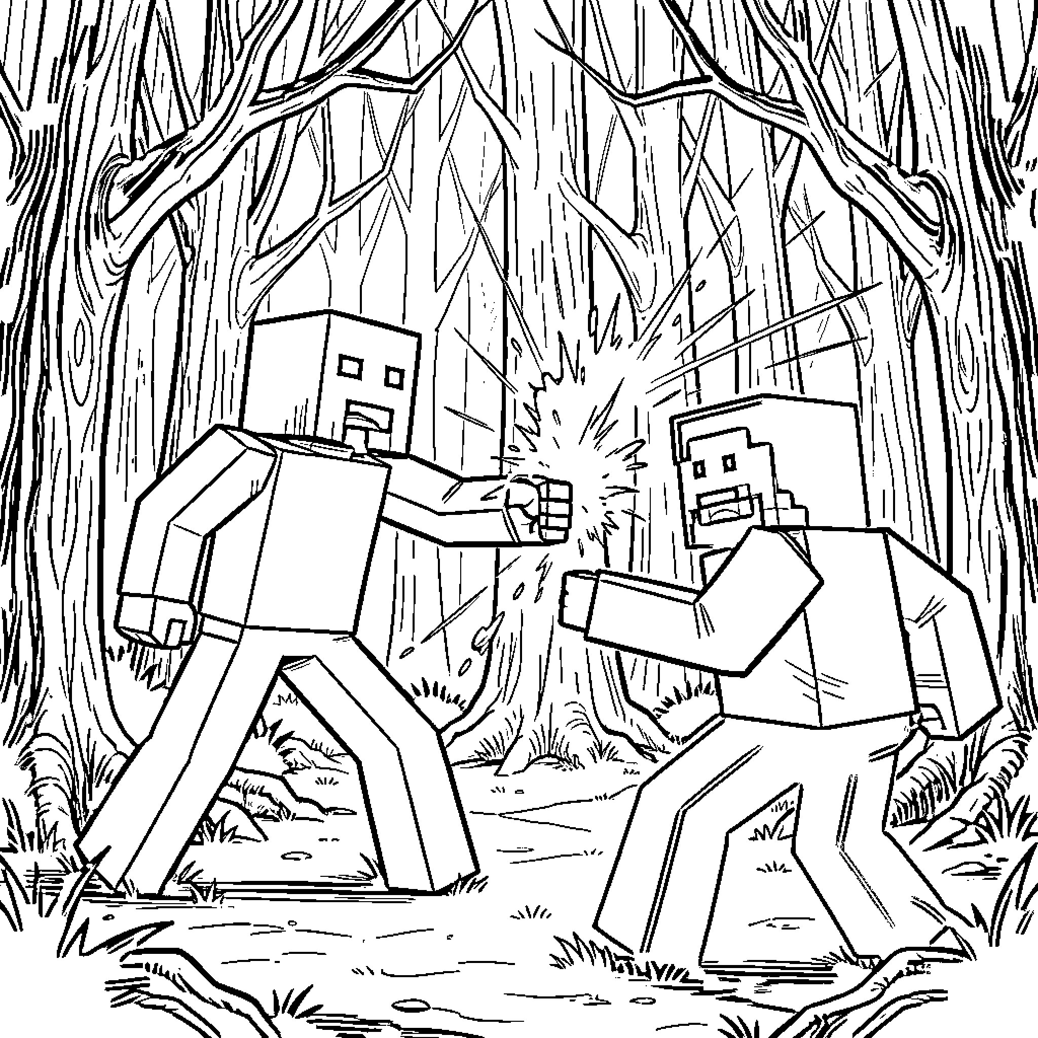 Herobrine fighting another block character in the forest Coloring Page (free black-and-white line drawing printable PDF for all, from beginners to advanced learners, including children, teens, adults, and seniors)