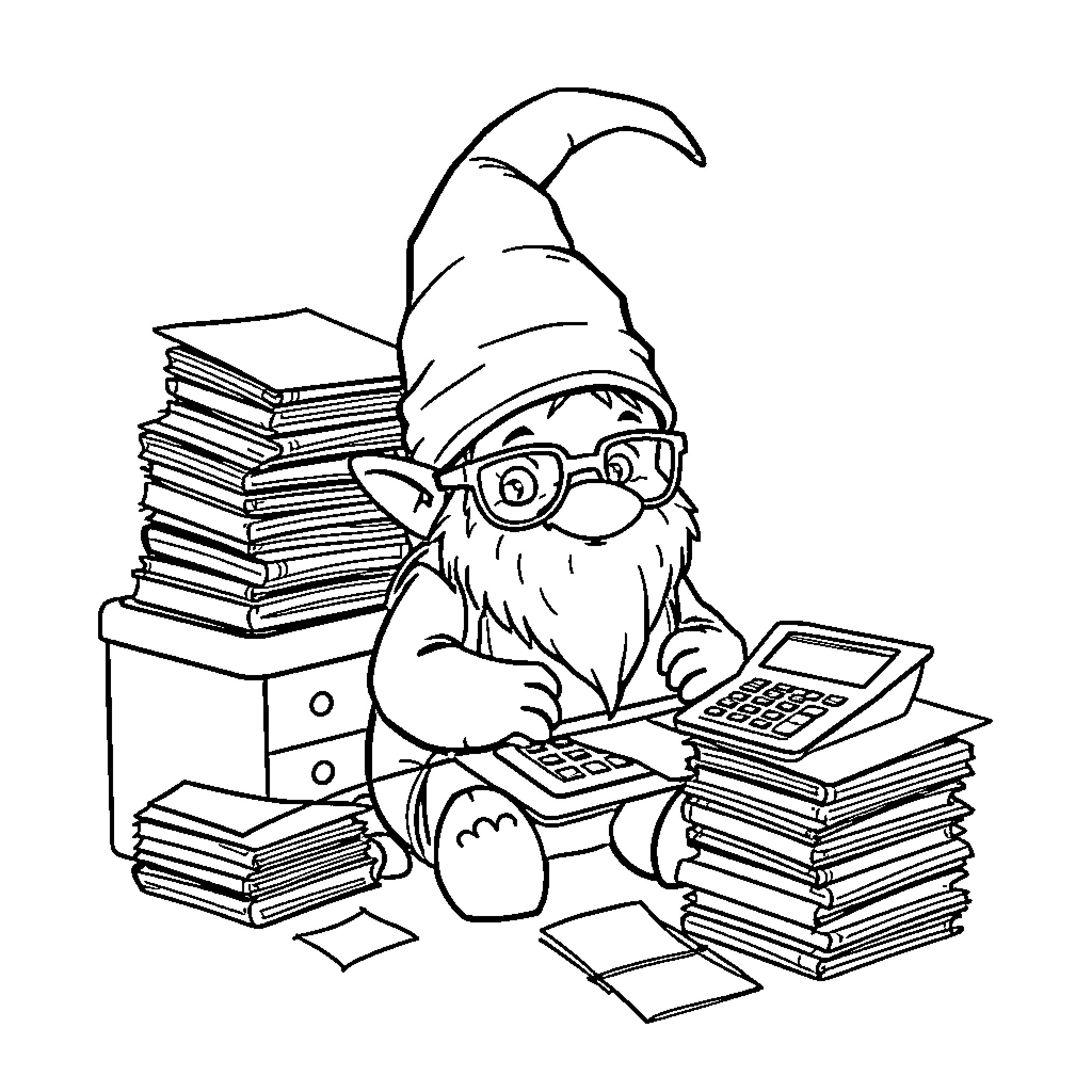 Gnome Bookworm Surrounded by Tomes and Calculators Coloring Page (free black-and-white line drawing printable PDF for all, from beginners to advanced learners, including children, teens, adults, and seniors)