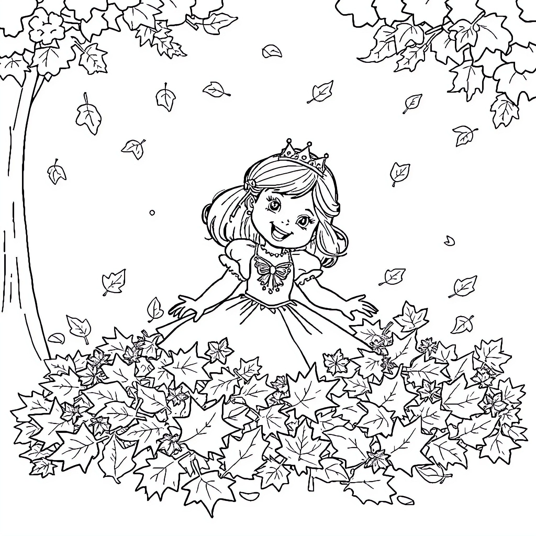Princess Playing in Autumn Leaves Coloring Page (free black-and-white line drawing printable PDF for all, from beginners to advanced learners, including children, teens, adults, and seniors)