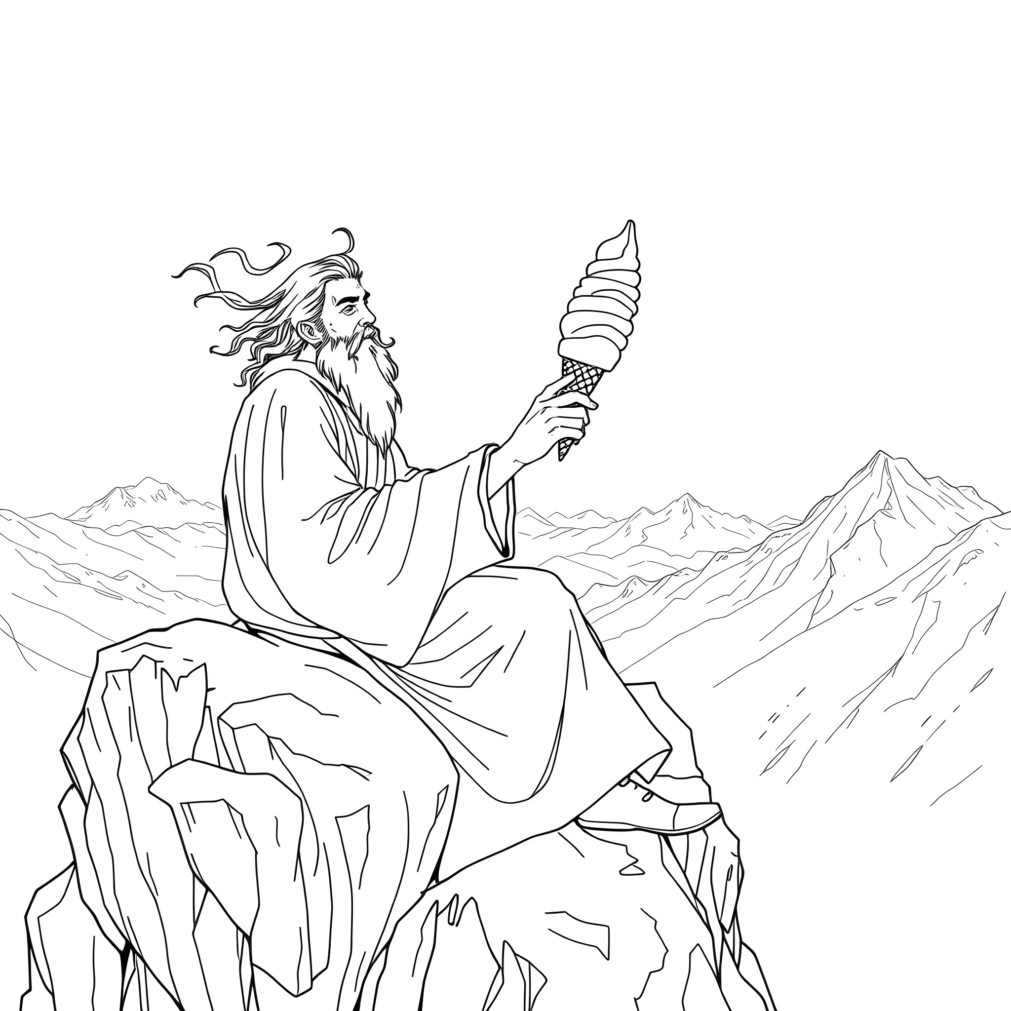 Saruman the White Wizard overlooking the mountains Coloring Page (free black-and-white line drawing printable PDF for all, from beginners to advanced learners, including children, teens, adults, and seniors)