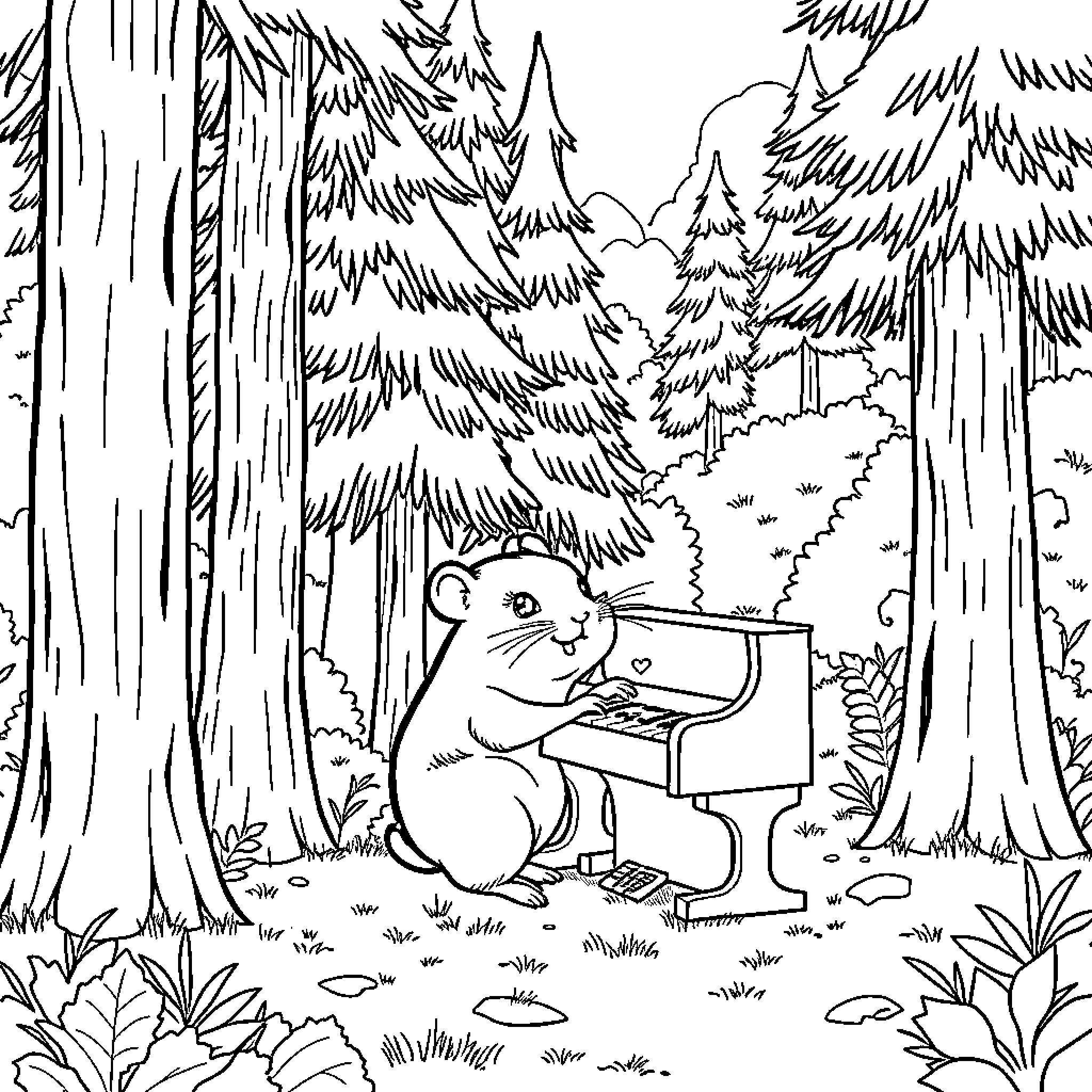 Hamster playing music in the forest Coloring Page (free black-and-white line drawing printable PDF for all, from beginners to advanced learners, including children, teens, adults, and seniors)