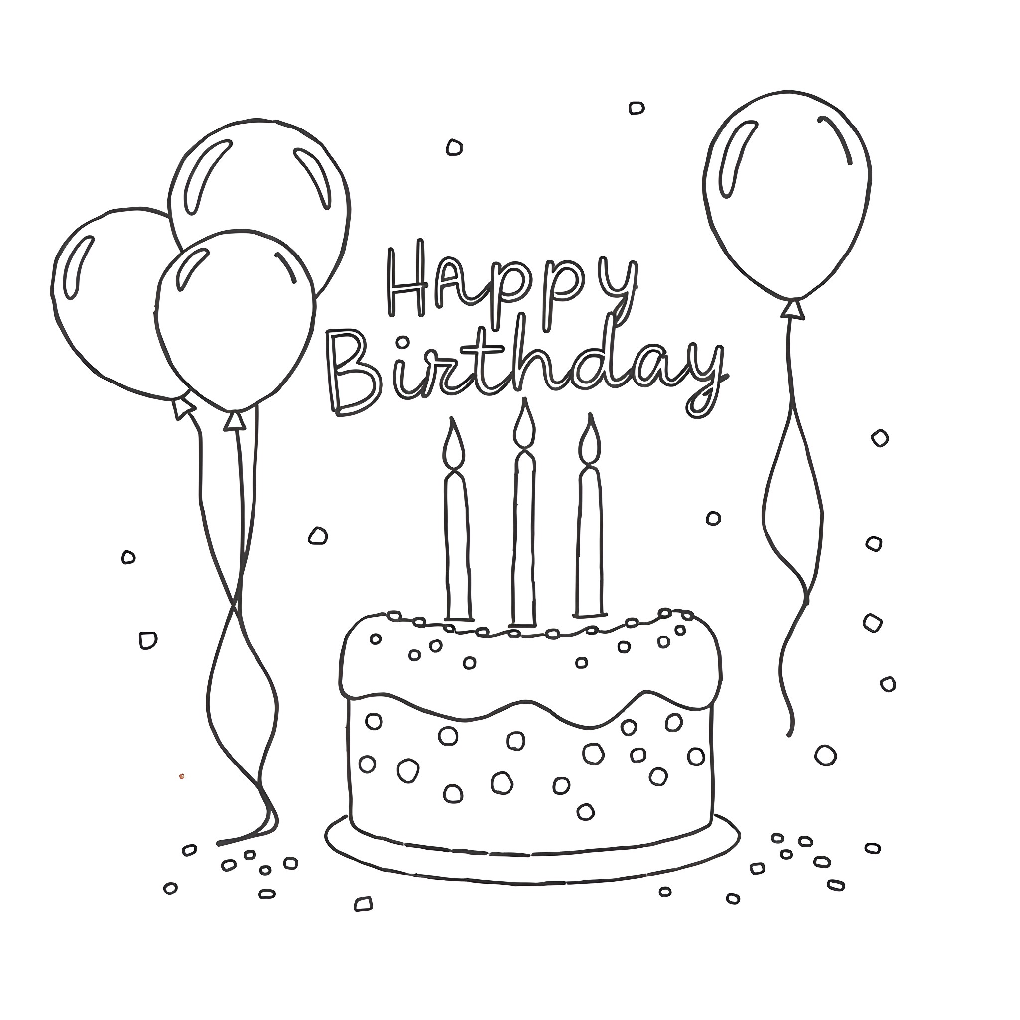 Birthday Card with Cake and Balloons Coloring Page (free black-and-white line drawing printable PDF for all, from beginners to advanced learners, including children, teens, adults, and seniors)