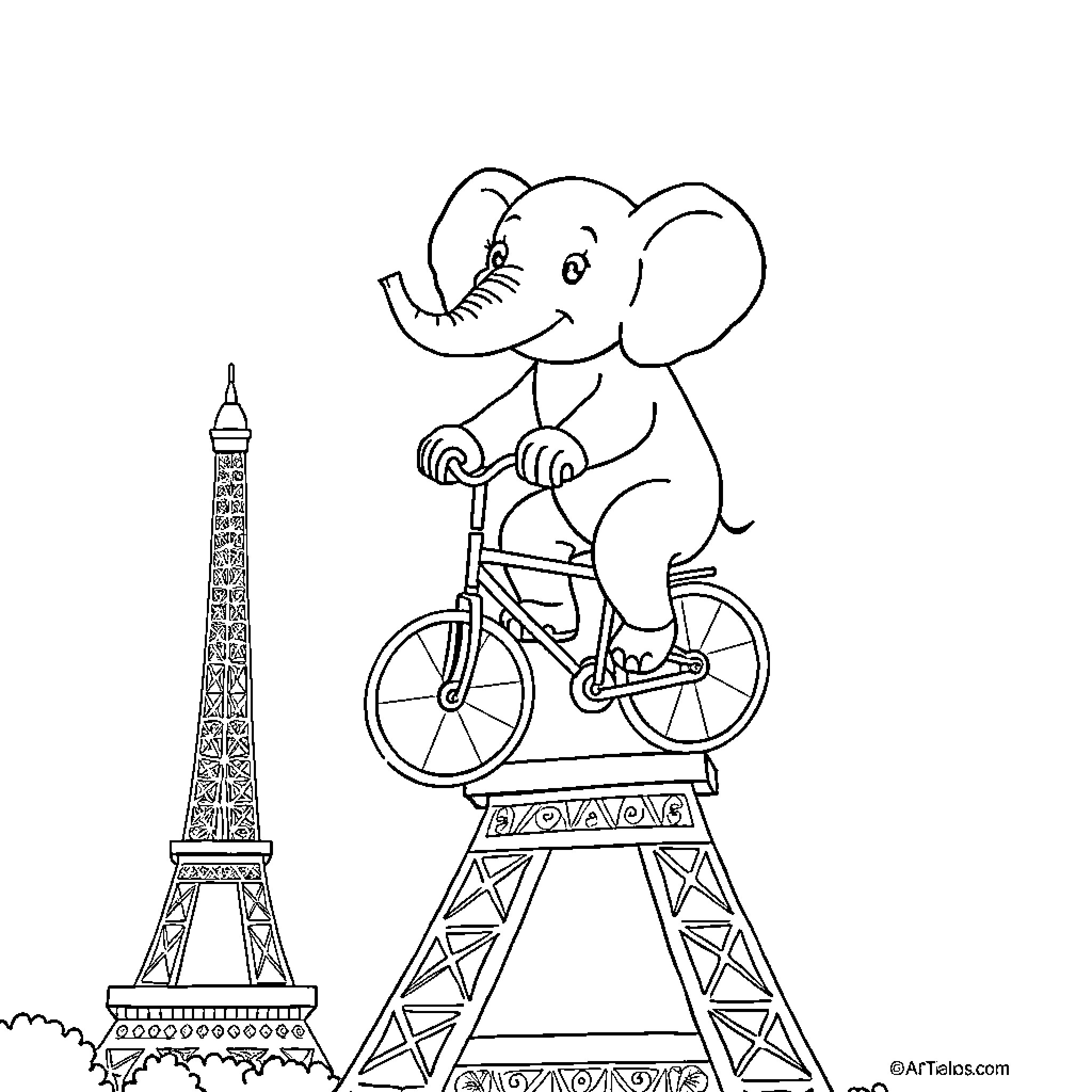 Elephant riding a bicycle in Paris Coloring Page (free black-and-white line drawing printable PDF for all, from beginners to advanced learners, including children, teens, adults, and seniors)