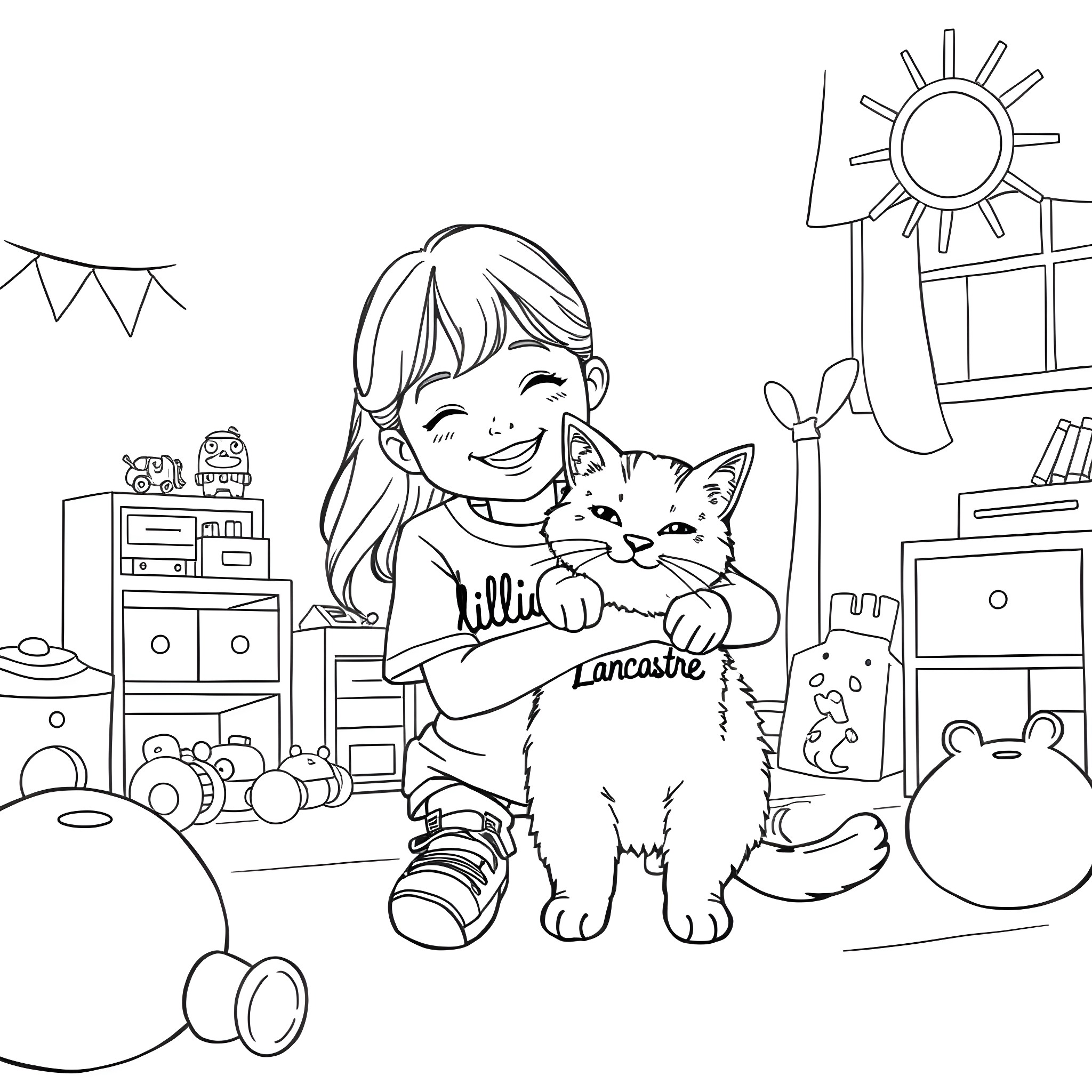 Cat and girl playing happily in the room Coloring Page (free black-and-white line drawing printable PDF for all, from beginners to advanced learners, including children, teens, adults, and seniors)