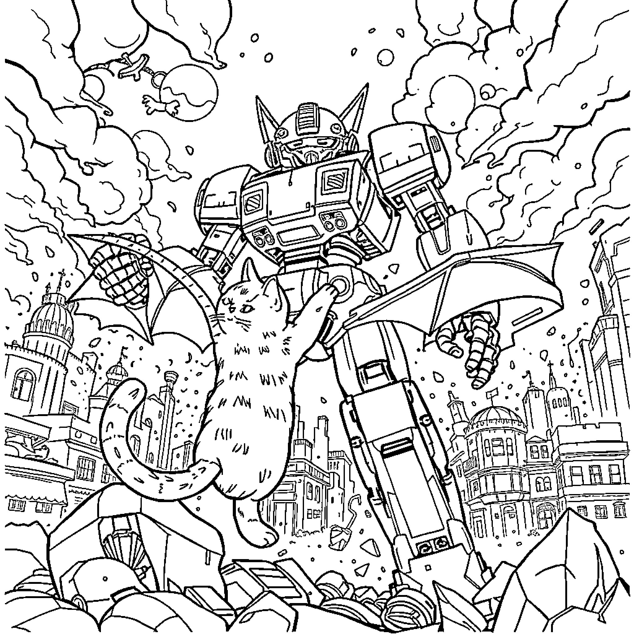 Cat Robot Defending the City Coloring Page (free black-and-white line drawing printable PDF for all, from beginners to advanced learners, including children, teens, adults, and seniors)