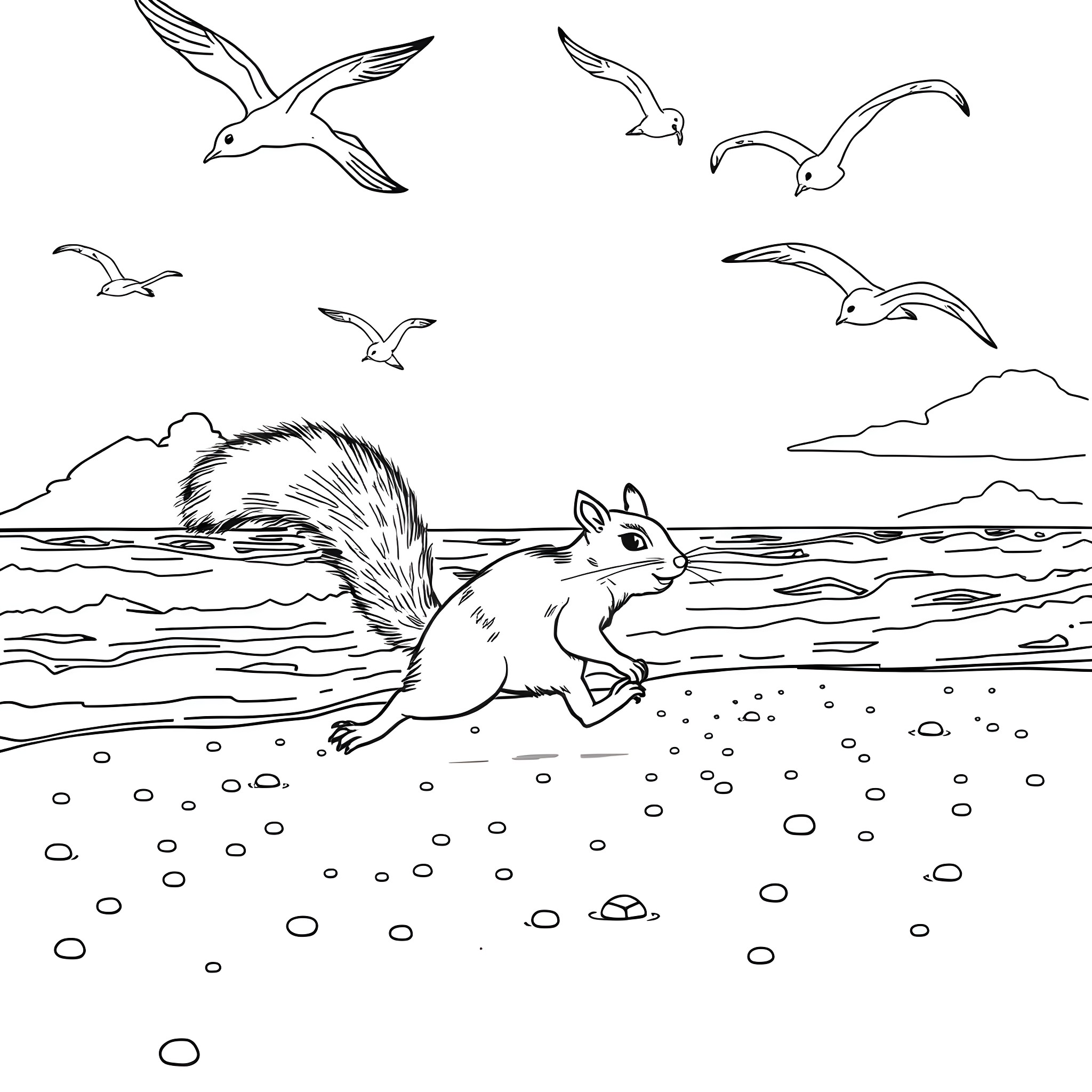 Squirrel scurrying on the beach with flying seagulls Coloring Page (free black-and-white line drawing printable PDF for all, from beginners to advanced learners, including children, teens, adults, and seniors)