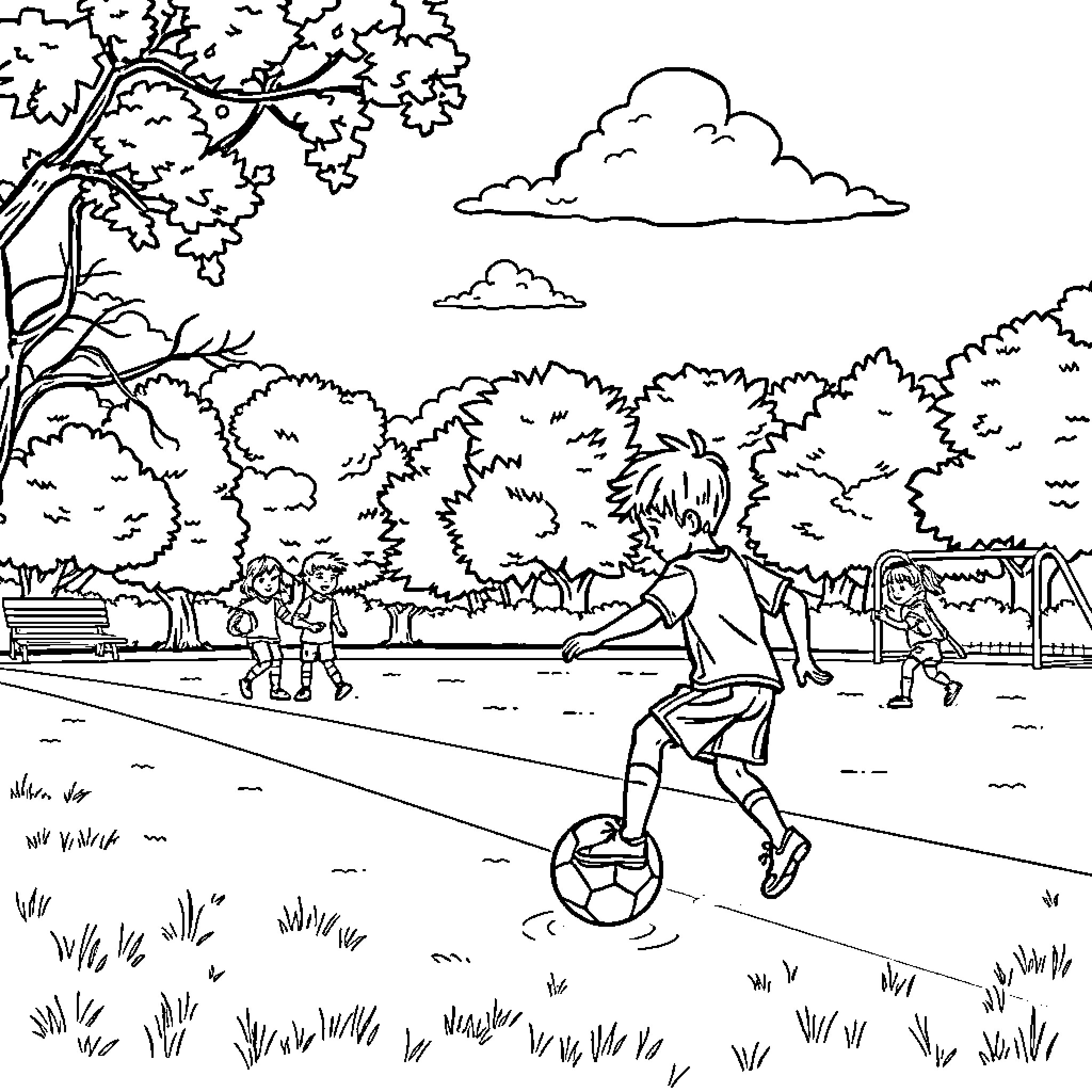 Football players enjoying outdoor recreation Coloring Page (free black-and-white line drawing printable PDF for all, from beginners to advanced learners, including children, teens, adults, and seniors)