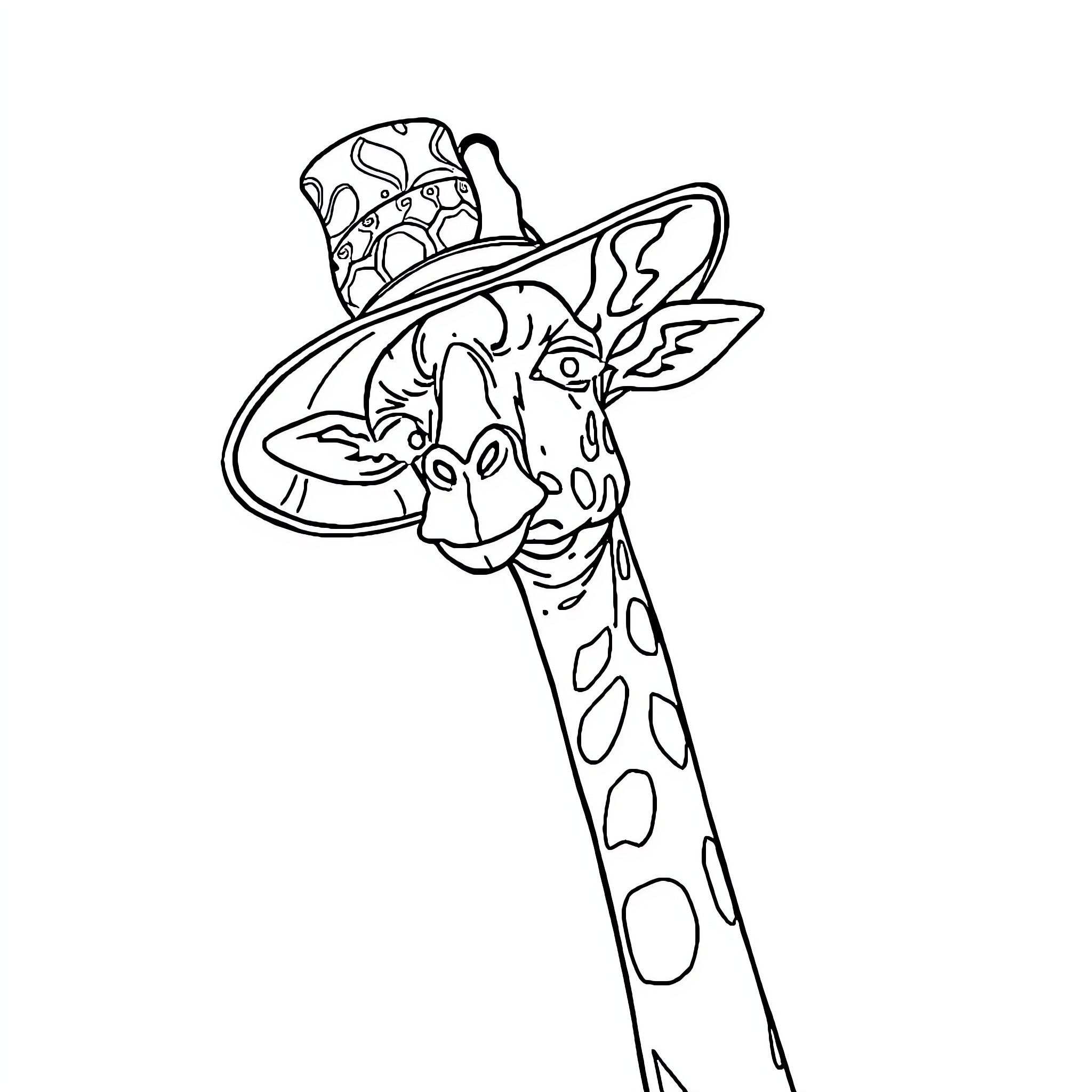 Giraffe wearing a colorful hat Coloring Page (free black-and-white line drawing printable PDF for all, from beginners to advanced learners, including children, teens, adults, and seniors)