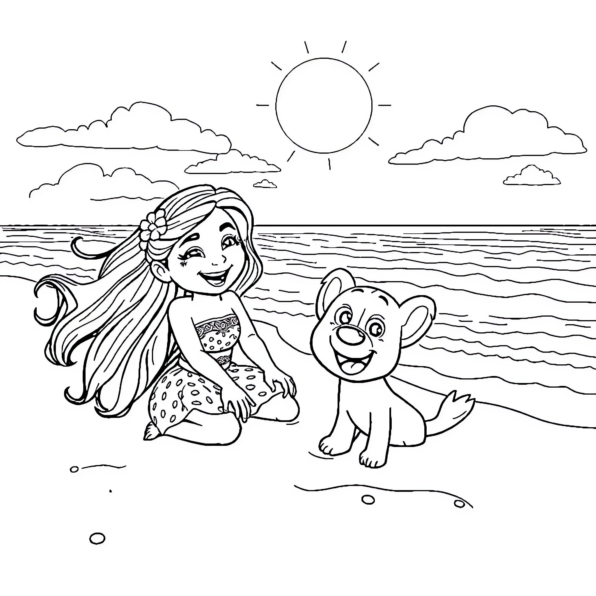 Moana playing with her companion on the beach Coloring Page (free black-and-white line drawing printable PDF for all, from beginners to advanced learners, including children, teens, adults, and seniors)