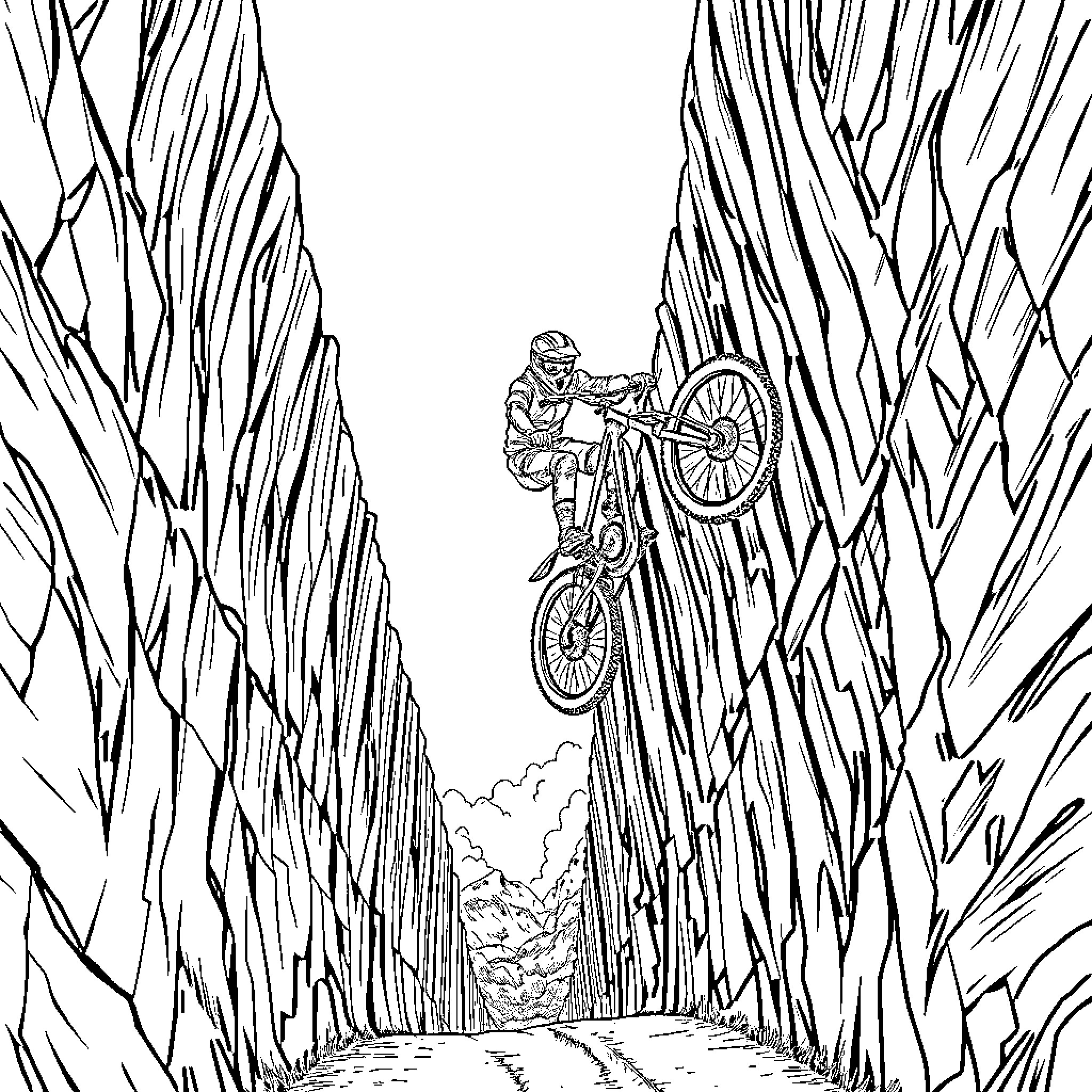 Bike performing stunt in narrow canyon Coloring Page (free black-and-white line drawing printable PDF for all, from beginners to advanced learners, including children, teens, adults, and seniors)