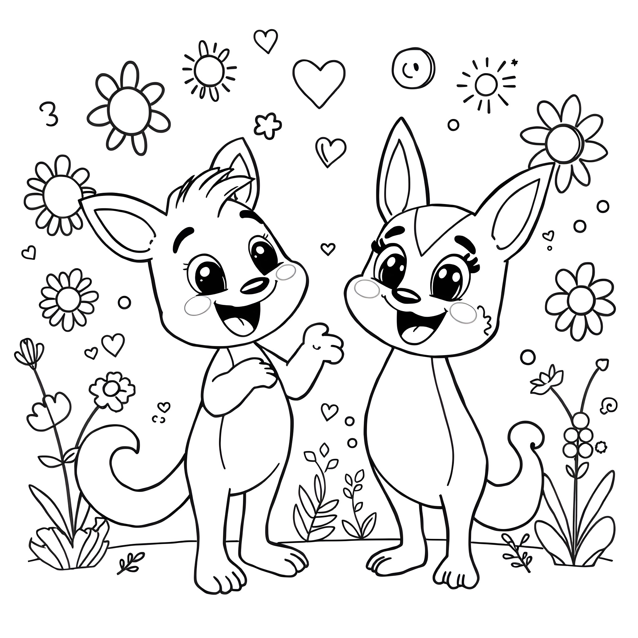 Hoops & Yoyo having fun in a floral garden Coloring Page (free black-and-white line drawing printable PDF for all, from beginners to advanced learners, including children, teens, adults, and seniors)