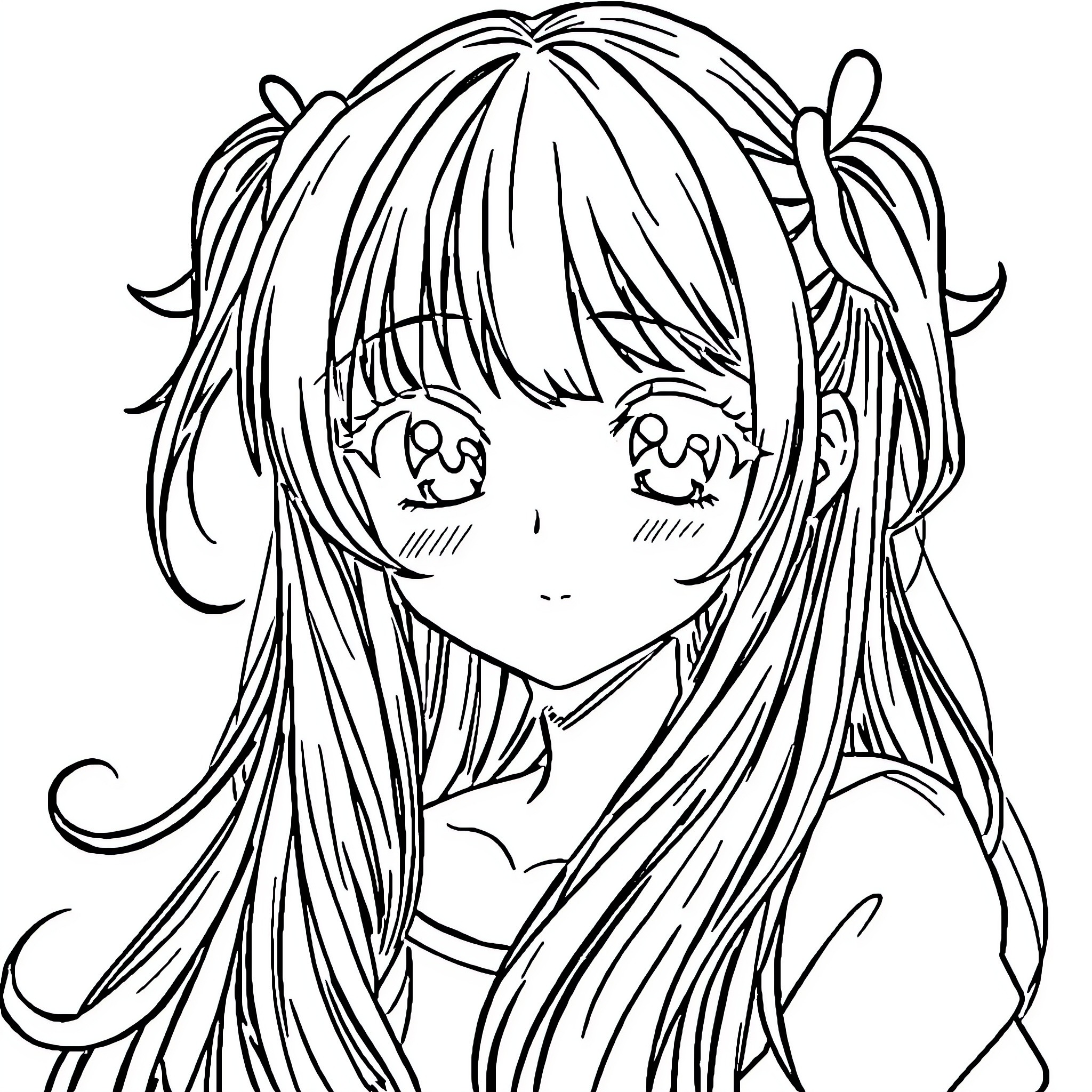 Anime Girl with Flowing Hair and Expressive Face Coloring Page (free black-and-white line drawing printable PDF for all, from beginners to advanced learners, including children, teens, adults, and seniors)