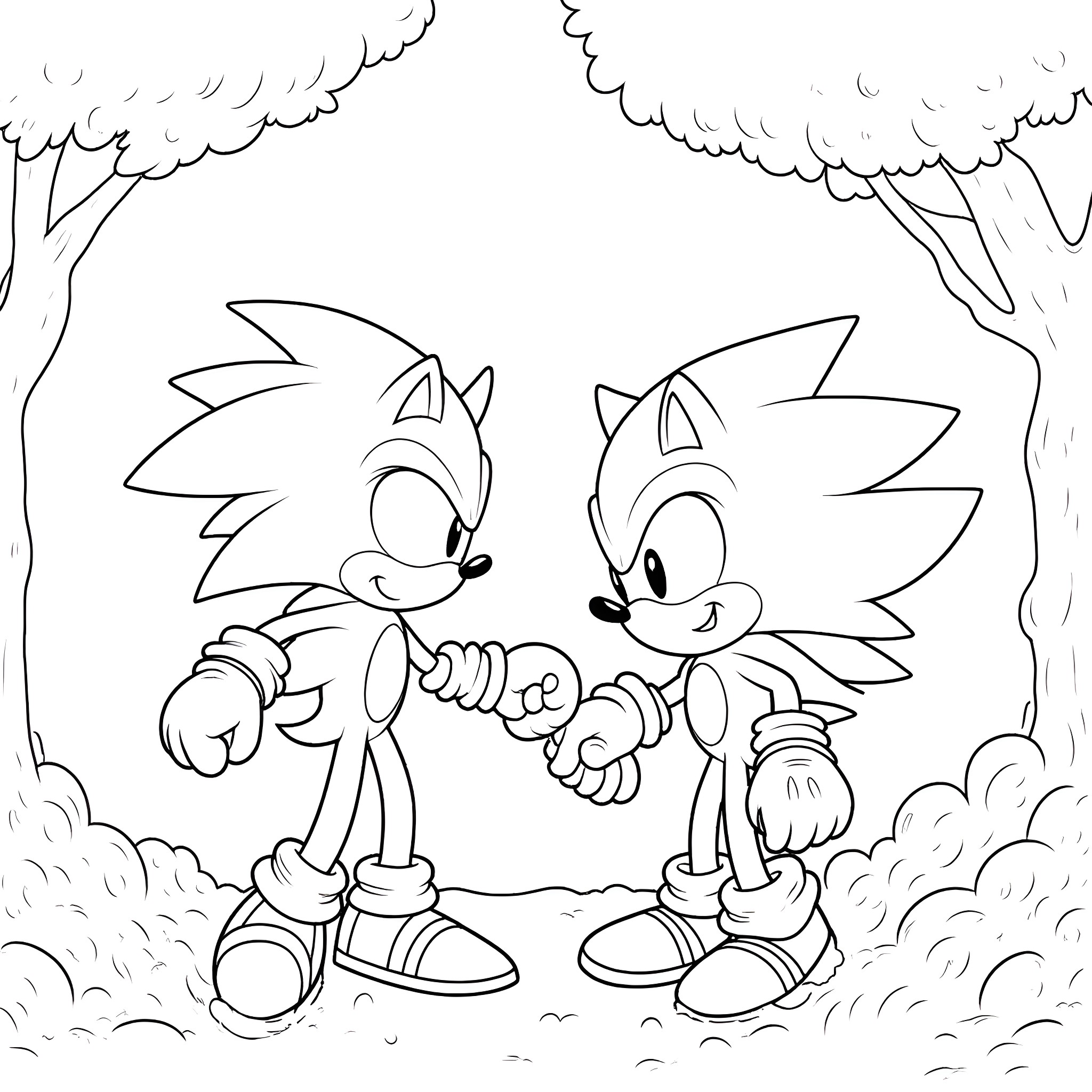 Sonic characters engaged in playful interaction Coloring Page (free black-and-white line drawing printable PDF for all, from beginners to advanced learners, including children, teens, adults, and seniors)