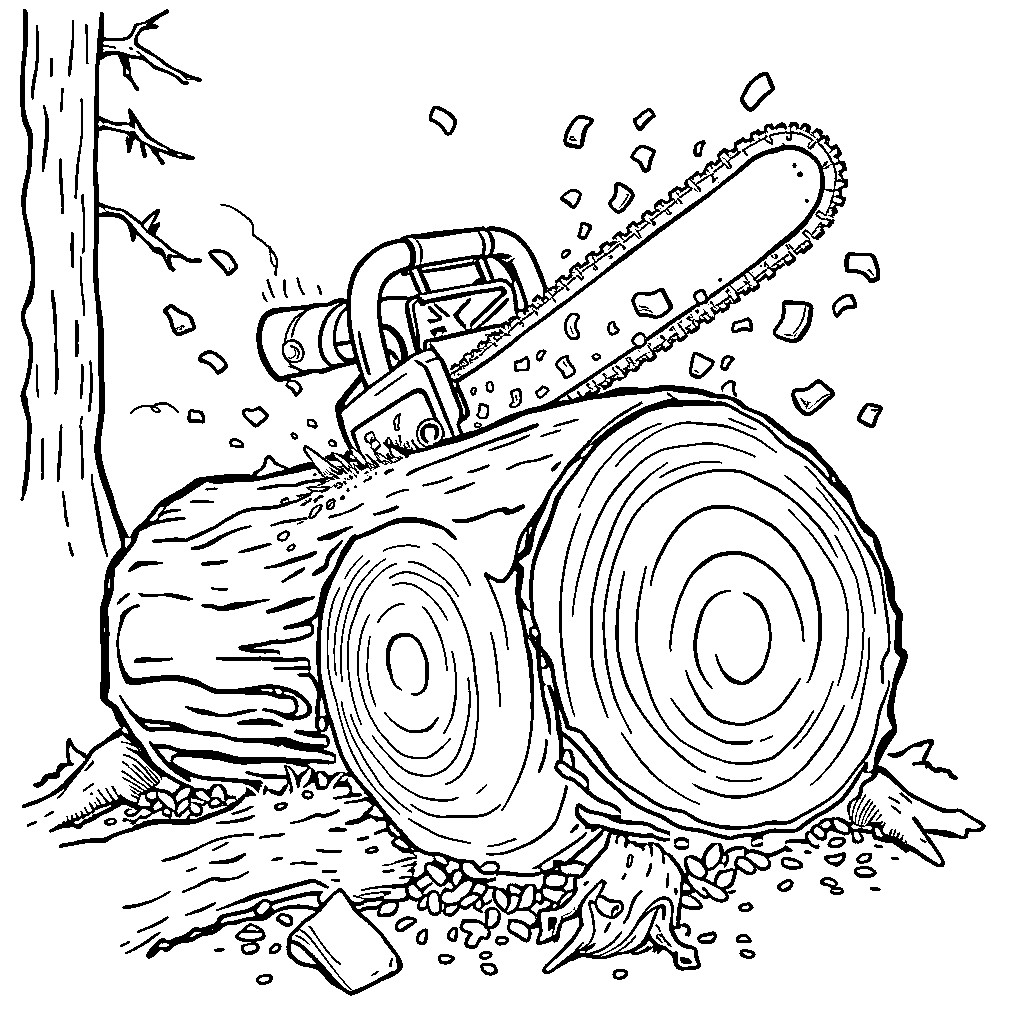 Chainsaw demolishing wooden logs in the forest Coloring Page (free black-and-white line drawing printable PDF for all, from beginners to advanced learners, including children, teens, adults, and seniors)