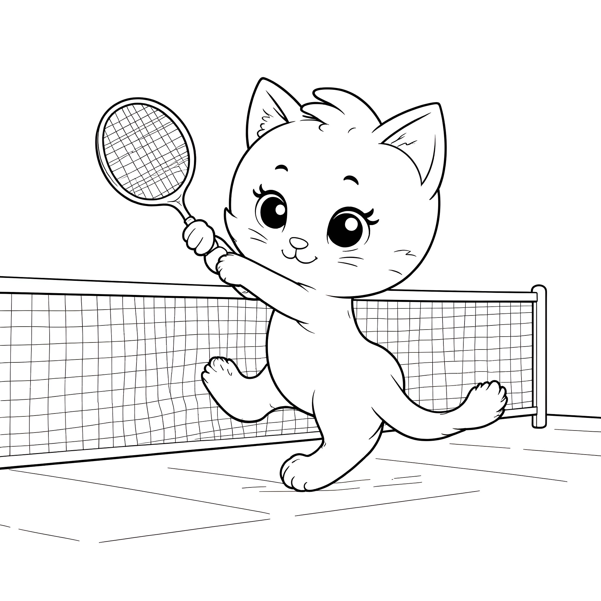 Kitty playing tennis happily on the court Coloring Page (free black-and-white line drawing printable PDF for all, from beginners to advanced learners, including children, teens, adults, and seniors)
