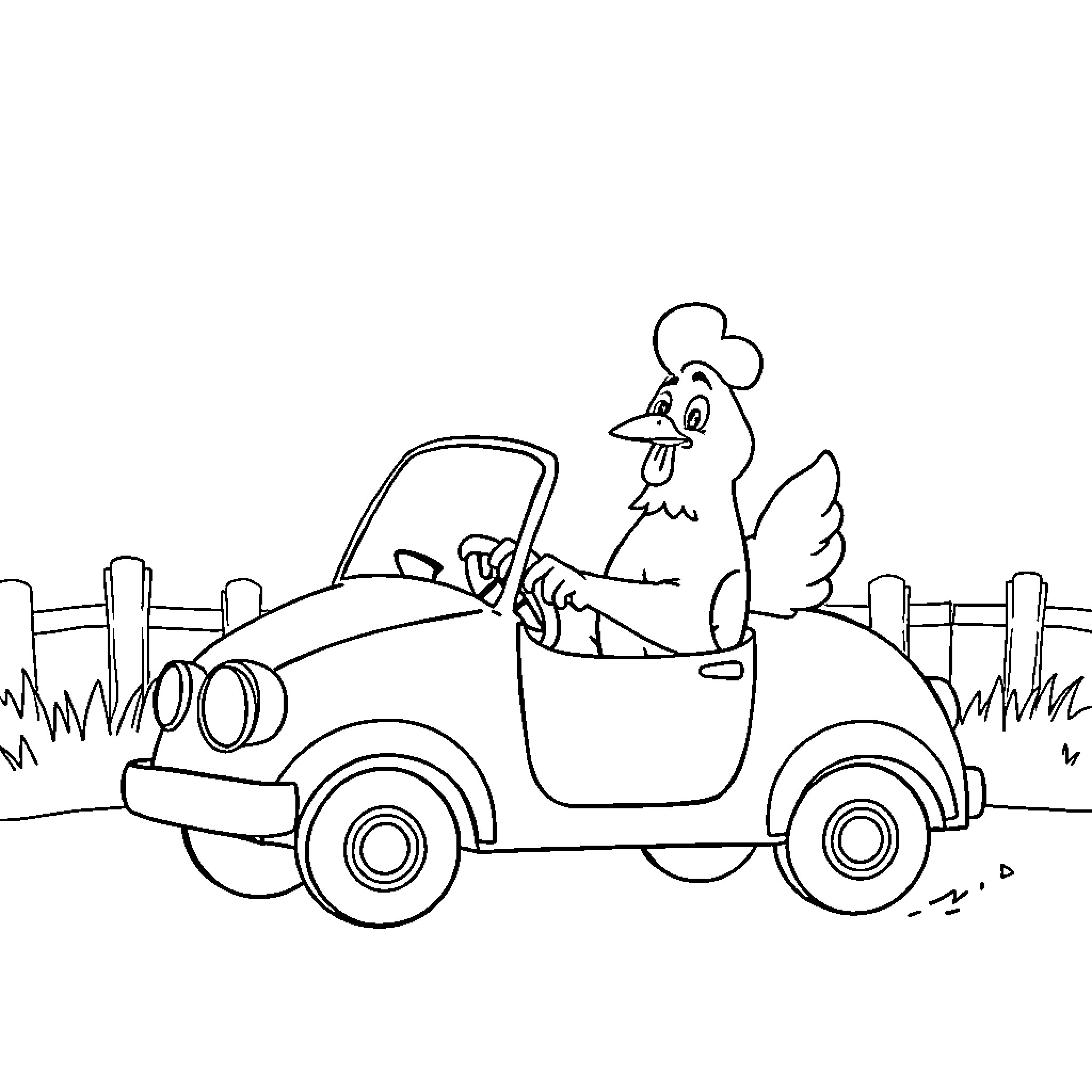 Chicken driving a car on the road Coloring Page (free black-and-white line drawing printable PDF for all, from beginners to advanced learners, including children, teens, adults, and seniors)