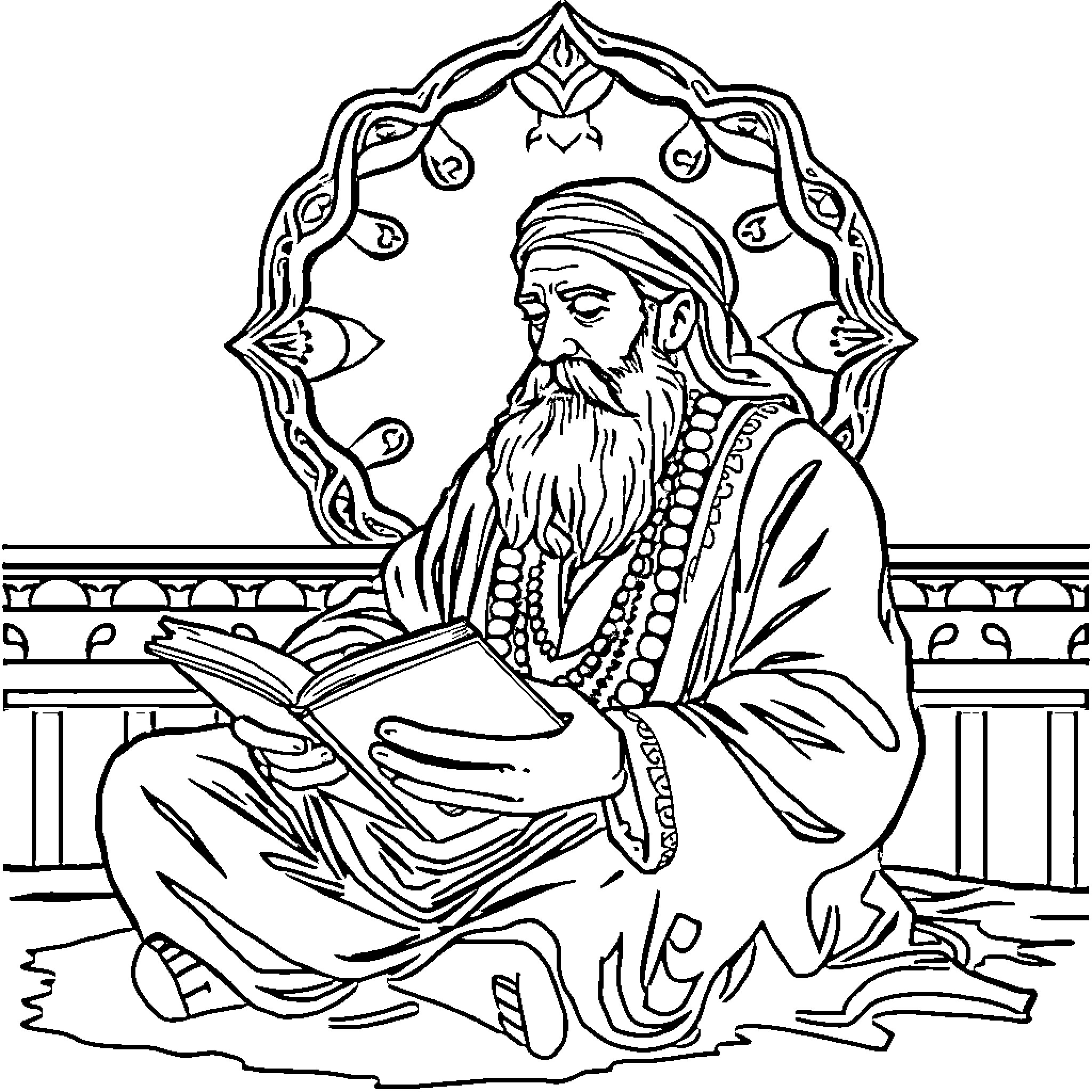 Rumi the Wise Scholar Studying Ancient Texts Coloring Page (free black-and-white line drawing printable PDF for all, from beginners to advanced learners, including children, teens, adults, and seniors)