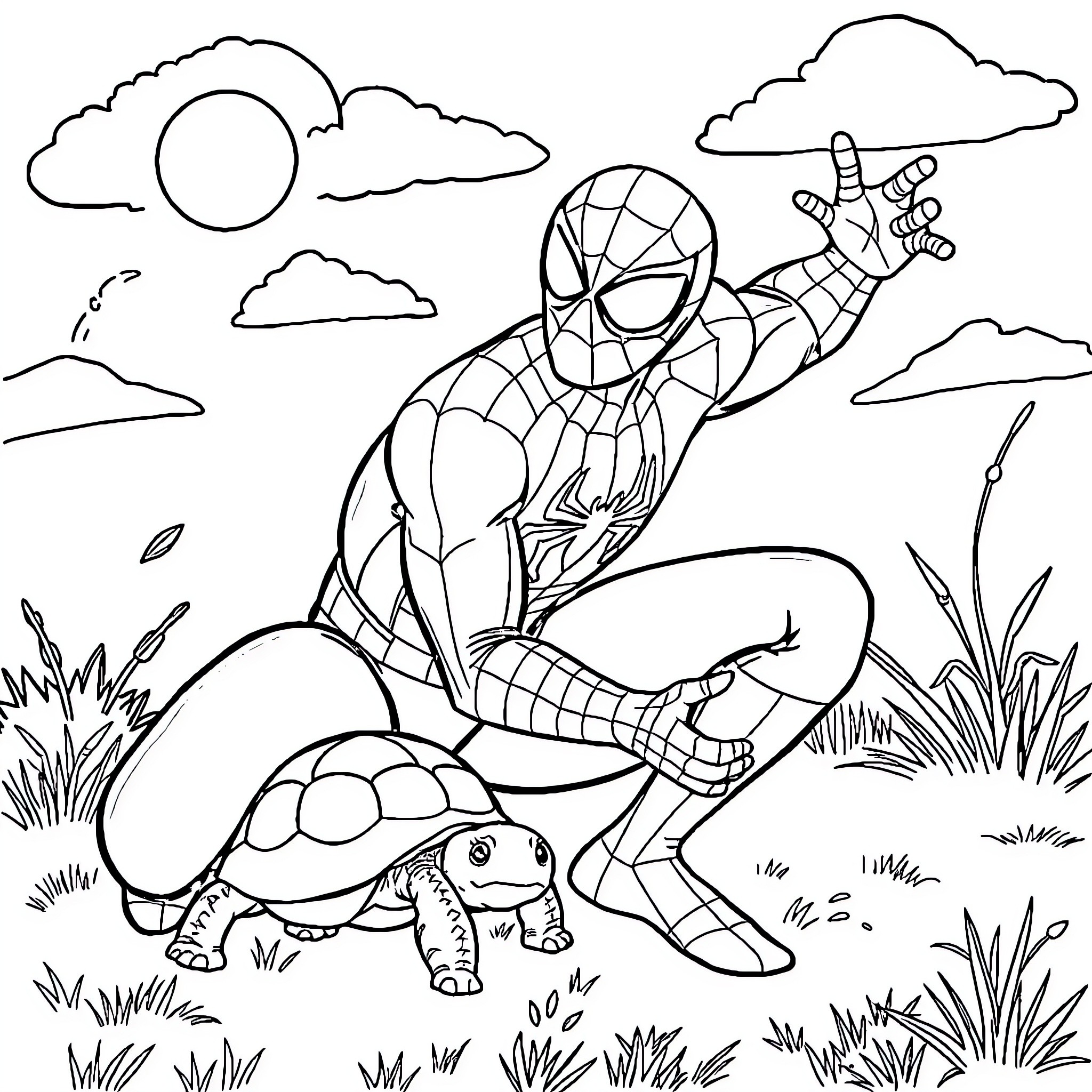 Spiderman interacting with friendly wildlife Coloring Page (free black-and-white line drawing printable PDF for all, from beginners to advanced learners, including children, teens, adults, and seniors)