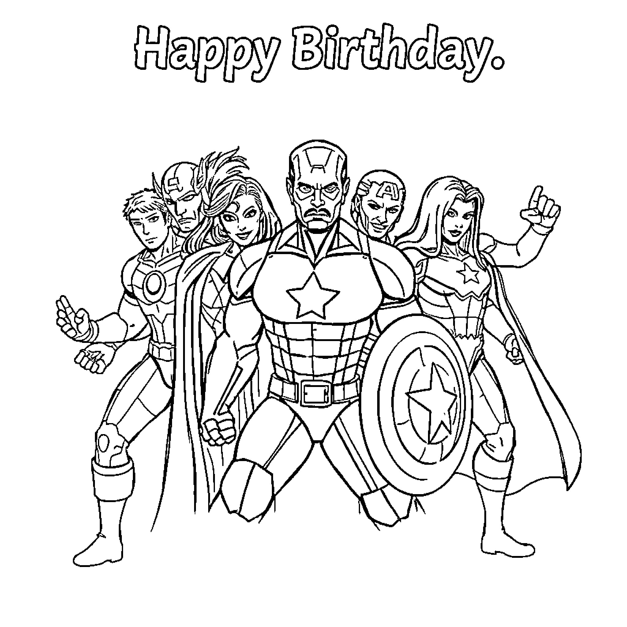 Avenger Heroes Celebrating Happy Birthday Coloring Page (free black-and-white line drawing printable PDF for all, from beginners to advanced learners, including children, teens, adults, and seniors)