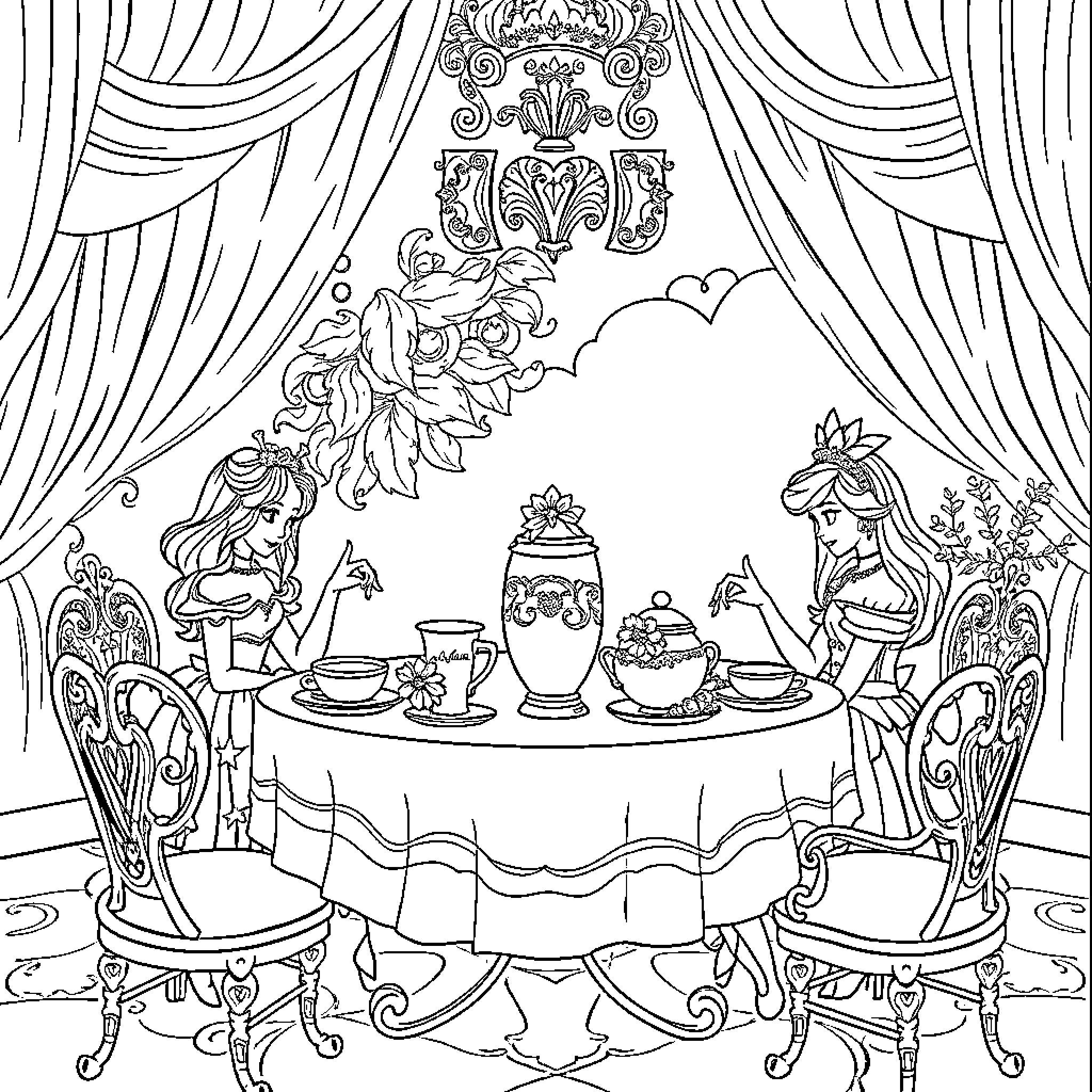Princess Tea Party in Elegant Dining Room Coloring Page (free black-and-white line drawing printable PDF for all, from beginners to advanced learners, including children, teens, adults, and seniors)