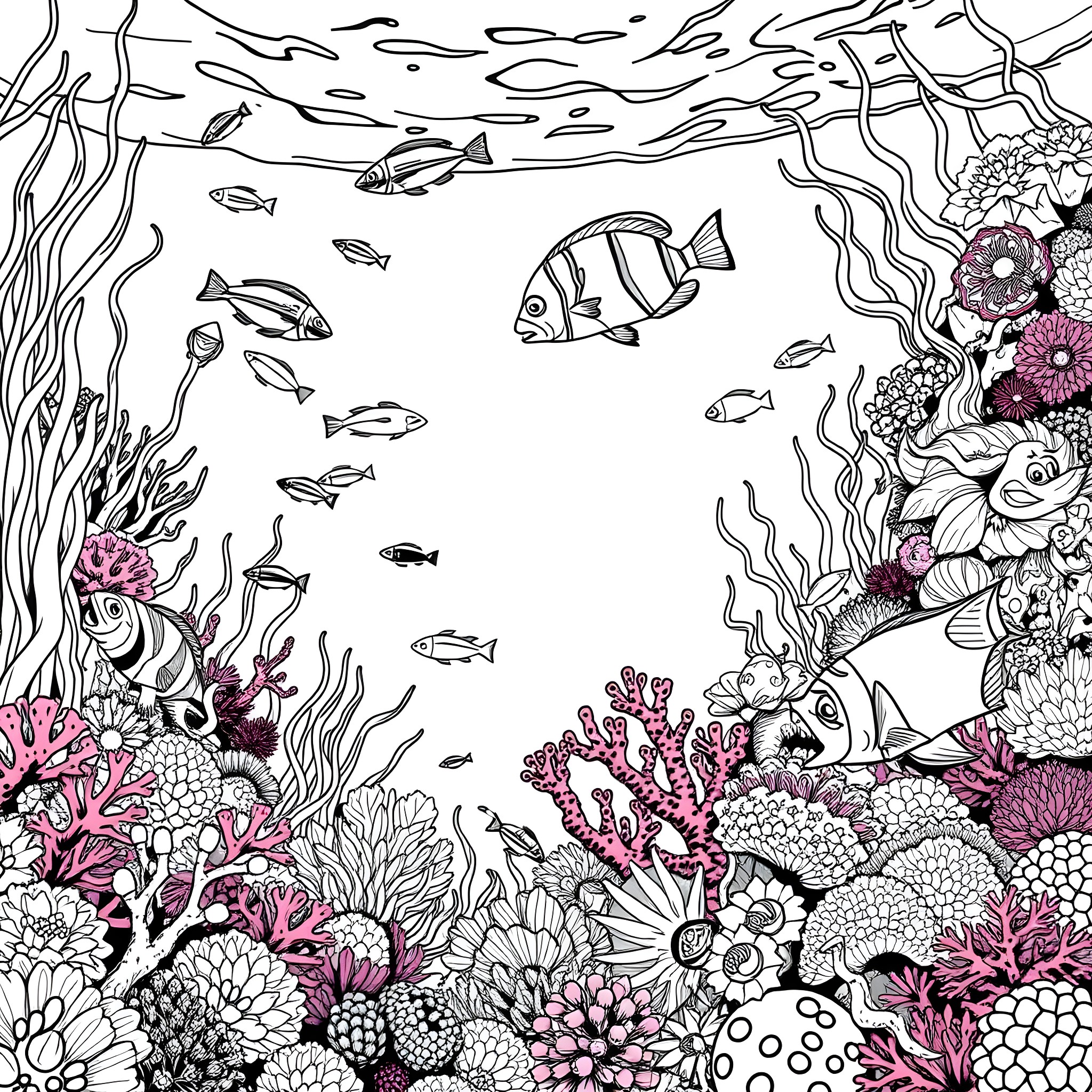 Fish swimming in colorful underwater coral reef Coloring Page (free black-and-white line drawing printable PDF for all, from beginners to advanced learners, including children, teens, adults, and seniors)
