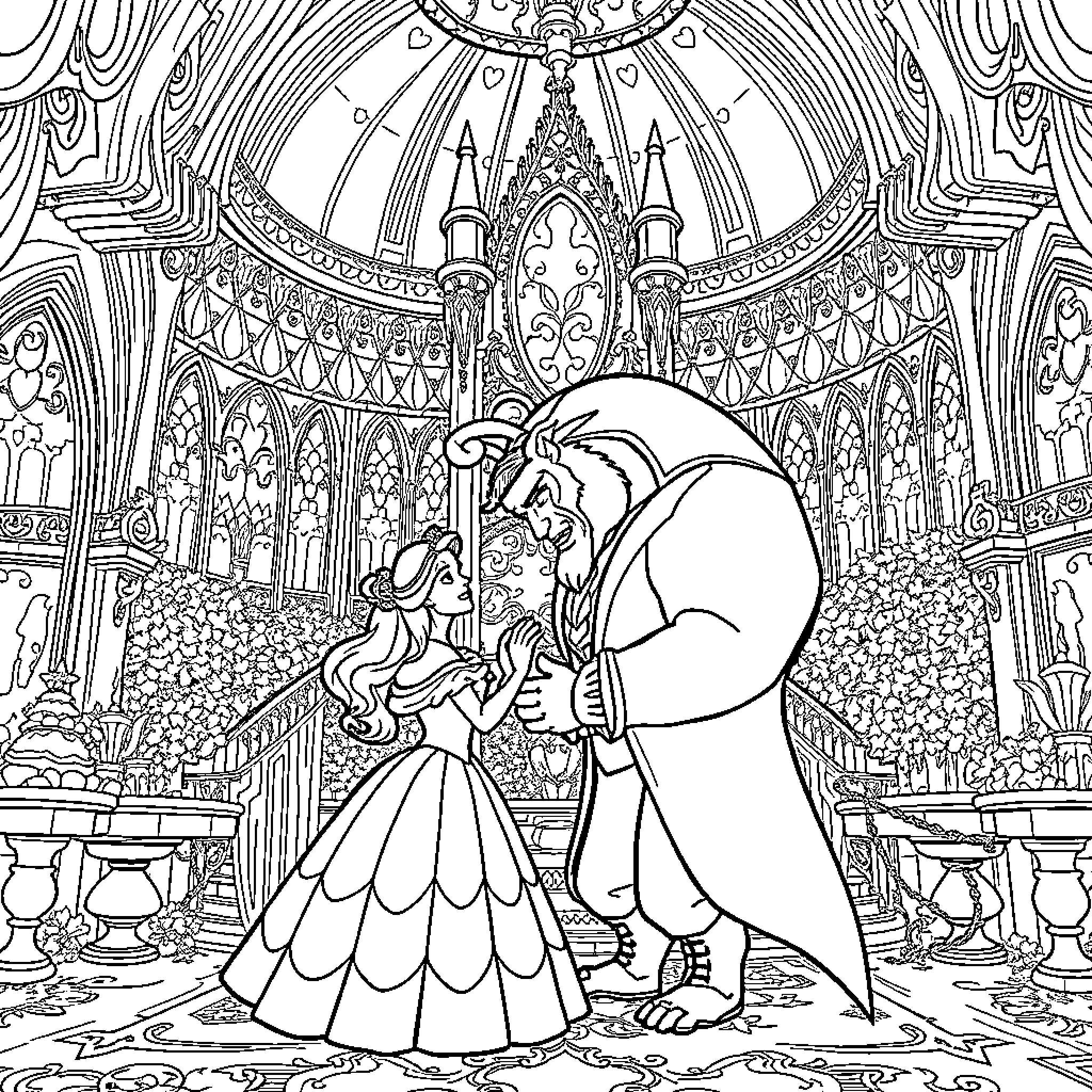 Beauty And The Beast Dancing In A Magnificent Castle Coloring Page (free black-and-white line drawing printable PDF for all, from beginners to advanced learners, including children, teens, adults, and seniors)