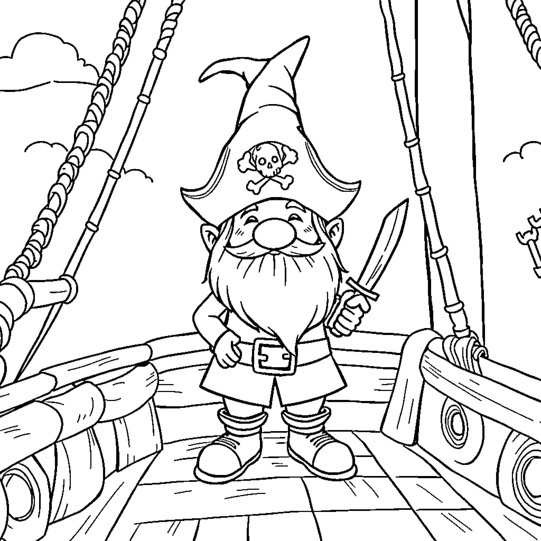 Gnome pirate captain on a pirate ship Coloring Page (free black-and-white line drawing printable PDF for all, from beginners to advanced learners, including children, teens, adults, and seniors)