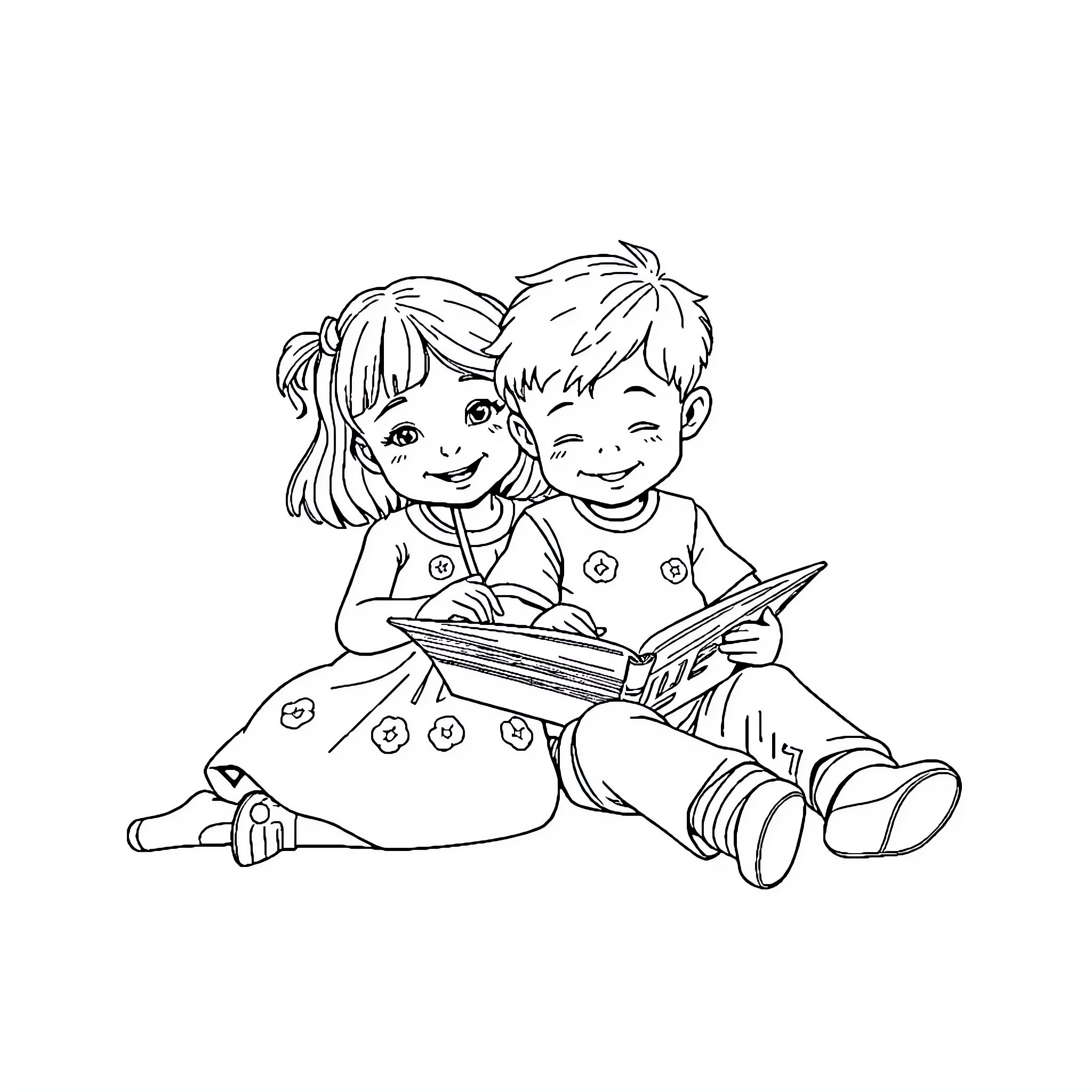 Girl and Boy Reading a Book Together Coloring Page (free black-and-white line drawing printable PDF for all, from beginners to advanced learners, including children, teens, adults, and seniors)