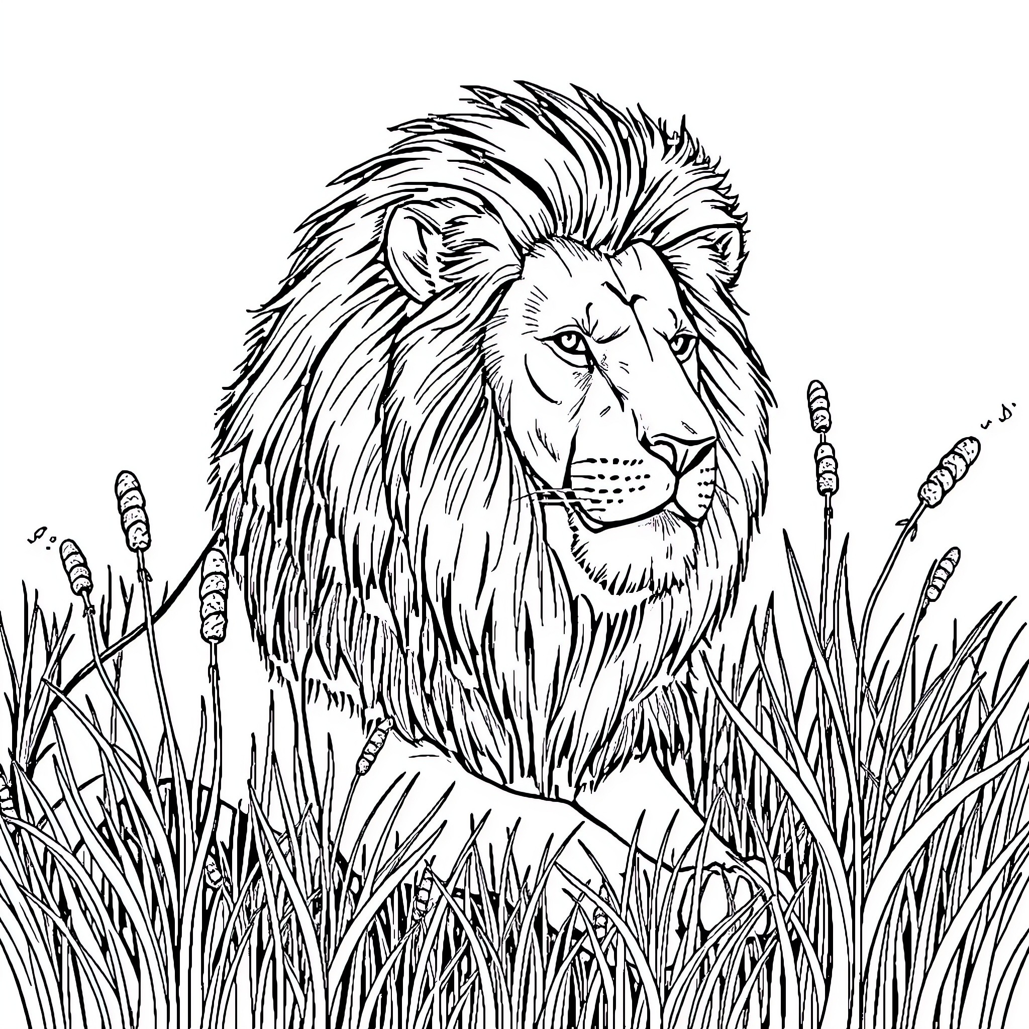 Lion in lush grass Coloring Page (free black-and-white line drawing printable PDF for all, from beginners to advanced learners, including children, teens, adults, and seniors)